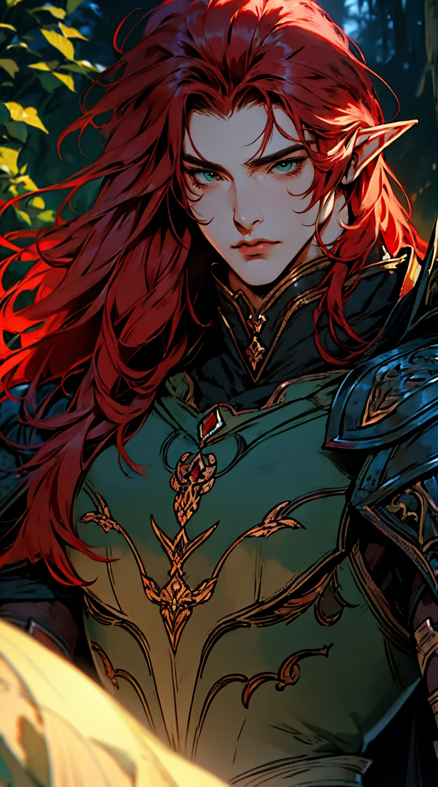 masterpiece, best quality, 1man, adult, male focus, solo, red hair, long hair, vibrant green eyes, armor black, DARK SKIN,  closed mouth, Fantasy aesthetics, Highly detailed, shadowverse style, elf knight armor, elf ear, NO CLEavage.  Get ready to dive into a world where beauty and craftsmanship merge perfectly