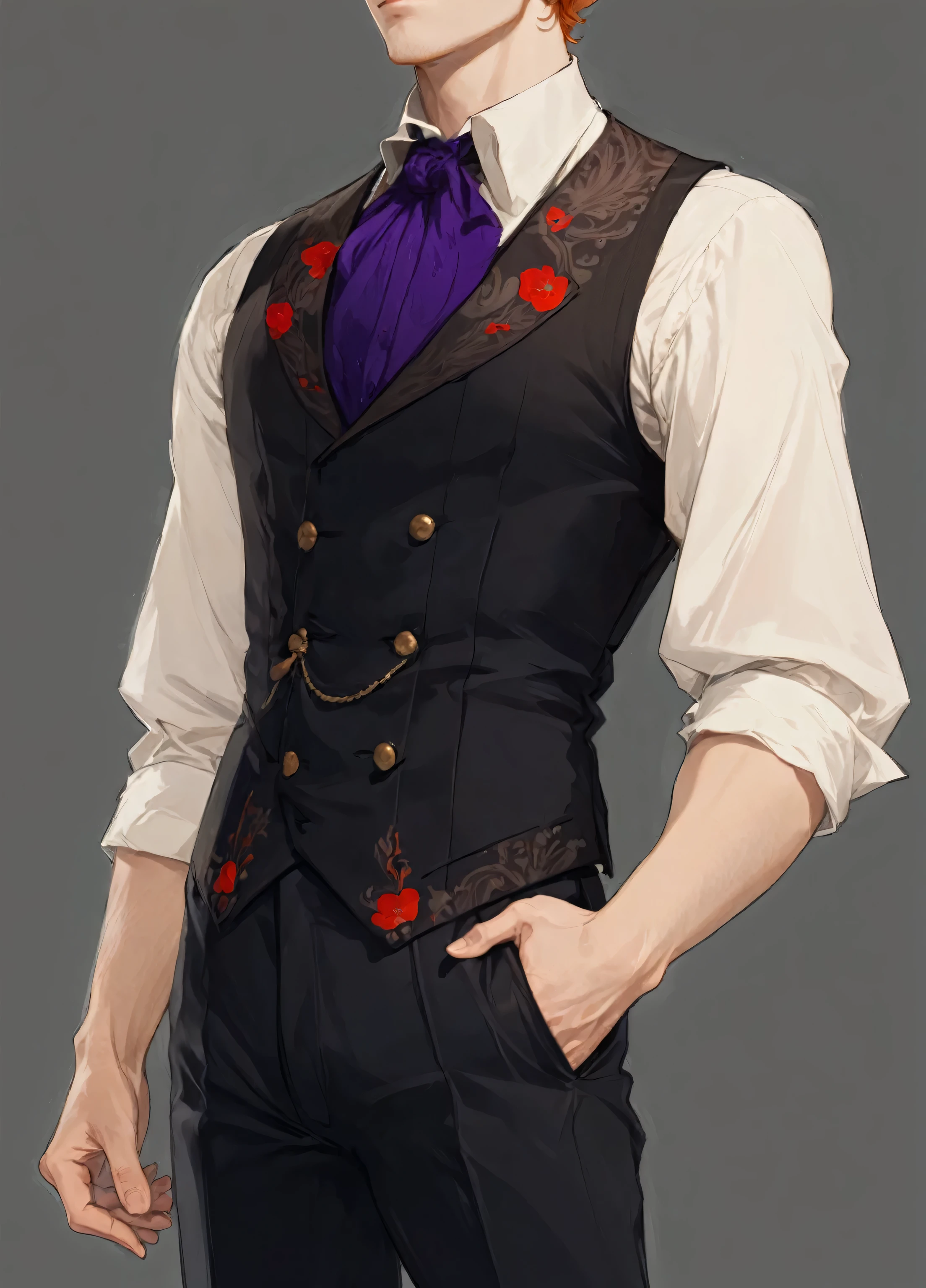 handsome man, ginger hair, anime style, courageous, masterpiece, european, victorian era, white shirt, classical, beautiful waistcoat, black pants, slim, beautiful illustration, visual novel, highly detailed, masterpiece