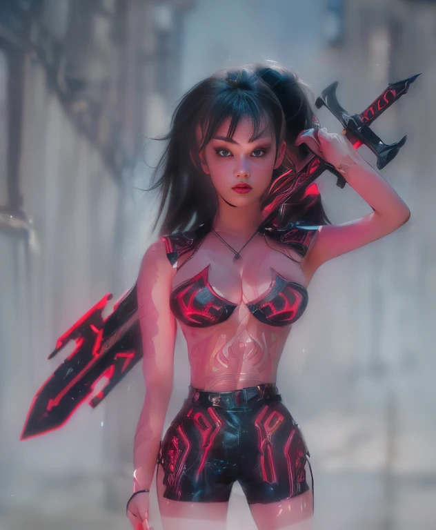 a ultra beautiful girl, with a (black techno fantasy armor) and a great sword in the back, cute, 12k, uhd, photorealistic, red decourations, (black short hairs), (((european face))), (ultra beautiful gorgeous realistic), naked belly and (naked arms), black armour, red light decourations, red great sword, black hairs, very very large breasts, (cute face of  girl of 18 years old), caucasian race

