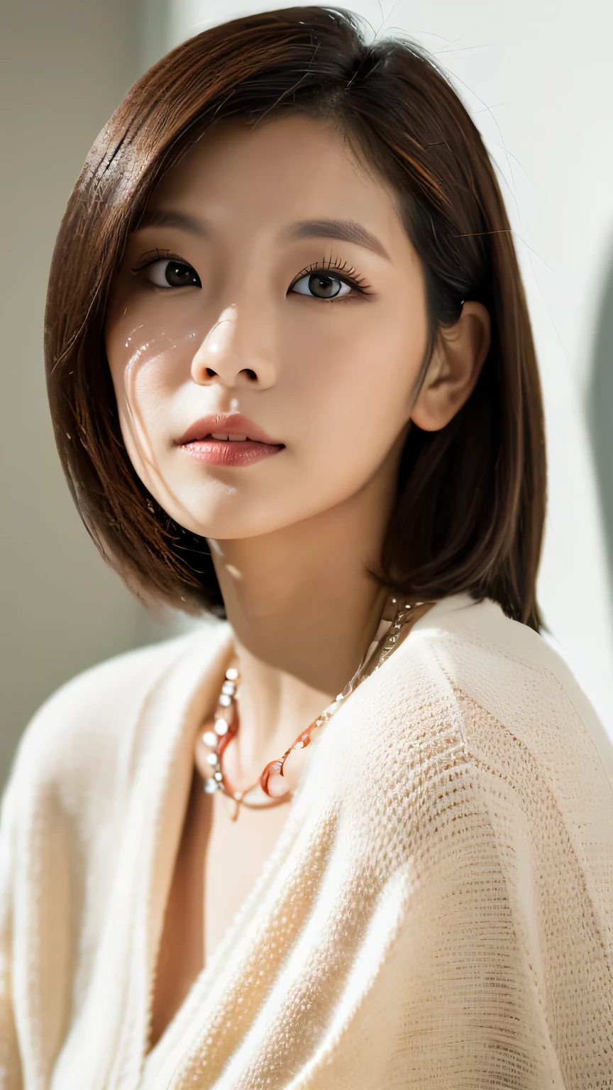 ((maSutepiece,highest quality)), (photographrealiStic:1.4),(((maSutepiece,8k)),White wall,(White Room),((Full body photo))),Shot in natural light,highly detailed face and Skin texture,highly detailed lipS,correct State of the human body,Superhigh reSolution,(Photorealistic:1.4),highest quality, 1. Beautiful Women, 38 yearS old, S, 60mm lenS, light beige knit,(Medium Hair),JapaneSe woman,(Black Hair),VerSatile poSeS,Looking into the camera,Natural lip color, necklace