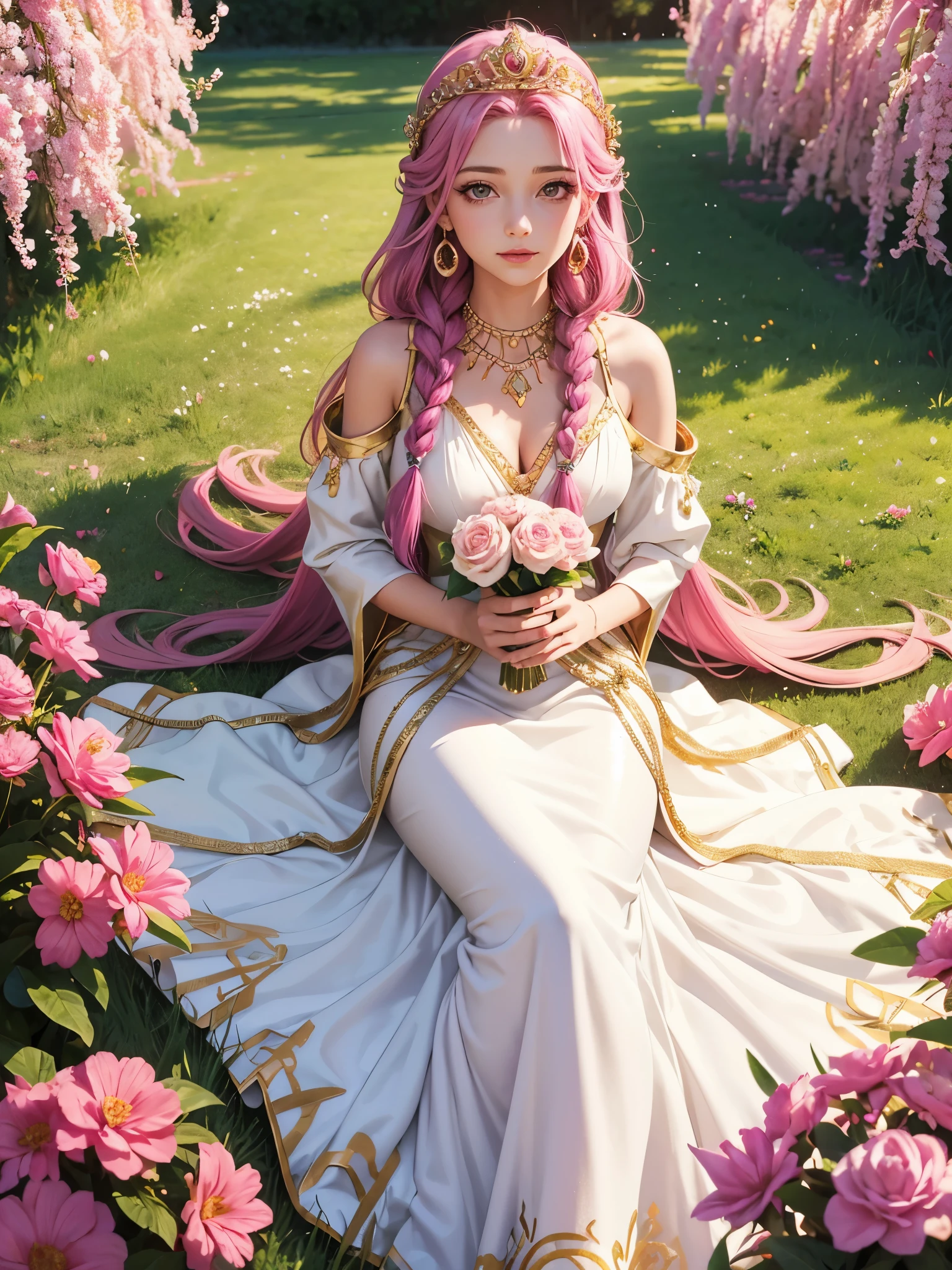 1 girl, goddess, soft smile, fuchsia eyes, narrowed eyes, fuchsia hair, long hair, two braids, gold tiara, gold earrings, gold necklace, gold accessories, white dress, greek style dress, field of flowers