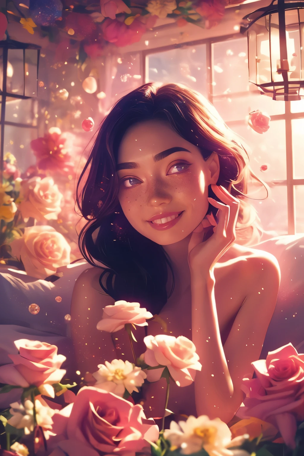 (This is a beautiful, intricate, (romatic) fantasy image that emphasizes beauty and grace.) Generate a blind curvy woman with soft natural freckles. Her face is important and should be (perfectly formed) with (beautiful puffy lips) and (perfect features). There is a cute freckle birthmark on her lip. The image exudes ethereal beauty and soft fantasy, with shimmering shades of pink throughout. Surround her with eternal roses in shimmering shades. Ensure perfection in her face, hair, and eyes. Include sweet and detailed birds and soft, luminous flowers and detailed roses. Utilize dynamic composition and dramatic lighting and cinematic lighting to create an interesting fantasy image. The background of the image is interesting and ultra-detailed, with soft fantasy lighting and gradients. Include fantasy details, cute aura, colorful, colourful, and interesting magical background. ((pretty room)), ((bed)), The image's background is decorated in shades of pink, shimmer, glitter, and fantasy details like colored bubbles and cosmos. Include subtle freckles, natural freckles and a diffused realistic skin tone. Incorporate elements of high fantasy, whimsy, and detailed elegance. English rose, princess, courtesan, noblewoman, sweet, lovely, calm, lovely, shimmering, glimmering, glittering, astrological fantasy, (((masterpiece))), (highest quality), magic rose, fantasy garden, beautiful face, perfect face, puffy lips, interesting, shy smile, fantasy elements, magic rose, beautiful eyes, perfect puffy lips, jewel tones, luminosity. Taken with a canon camera.