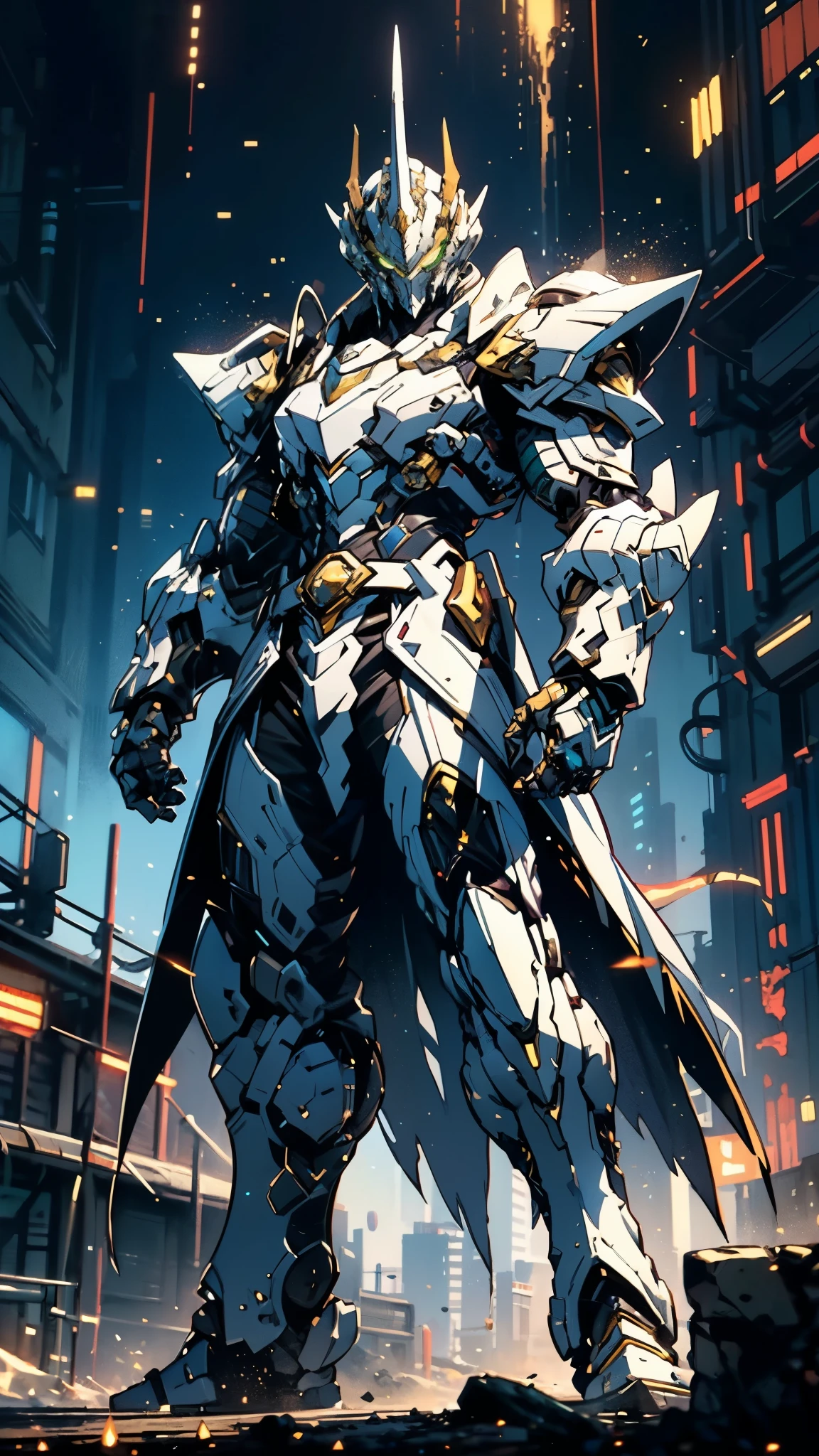 A man wearing a full-face helmet, a fantasy-style biotech armored combat suit, green eyes, (a composite layered chest armor), fully enclosed shoulder guards, matching arm and leg guards, the belt is adorned with dragon claw grasping orbs, (the color scheme is primarily yellow with black and blue accents), the design balances heavy with agility, a high-tech bio-mecha armor, (Armor Concept Inspired by Dragon, stand on the top of a skyscraper in a futuristic sci-fi city), this character embodies a finely crafted fantasy-surreal style armored hero in anime style, exquisite and mature manga art style, (battle damage, element, plasma, energy, the armor glows), ((male:1.5)), metallic, real texture material, dramatic, high definition, best quality, highres, ultra-detailed, ultra-fine painting, extremely delicate, professional, perfect body proportions, golden ratio, anatomically correct, symmetrical face, extremely detailed eyes and face, high quality eyes, creativity, RAW photo, UHD, 32k, Natural light, cinematic lighting, masterpiece-anatomy-perfect, masterpiece:1.5