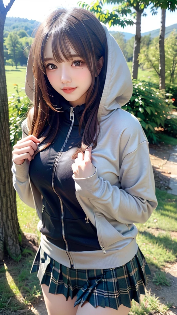 1 beautiful young girl, Super beautiful detailed face, shyly smile, Symmetrical black eyes), hime cut hair, (Fine face:1.2), High quality, Realistic, extremely detailed CG unified 8k wallpaper, Highly detailed, High-definition raw color photos, Professional Photography, Realistic portrait, Cinematic Light, Beautiful detailed, Super Detail, high details, depth of fields, FULL BODYSHOT、Random sexy poseedium Hair、semi long hair、thighs thighs thighs thighs、beauty legs、Bare legs、 Super beautiful detailed face, shyly smile, medium breasts, Deep cleavage), (oversized full zip hoodie:1.3), (Grey tartan check pleated skirt), (skirt lift by myself), (flip up the skirt), (lace panties, show panties:1.3), (Skirt blowing in the wind:1.3),You can see the valley、KPOP Idol Face,The chest is slightly open