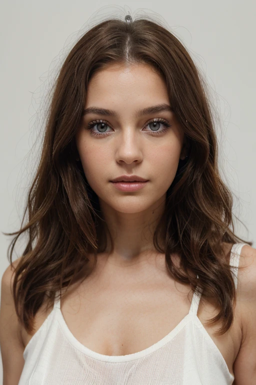 femme de 21ans, long brown slightly curly hair, yeux bleus, visage parfait, maquillage simple,Model, C et portant un haut blanc