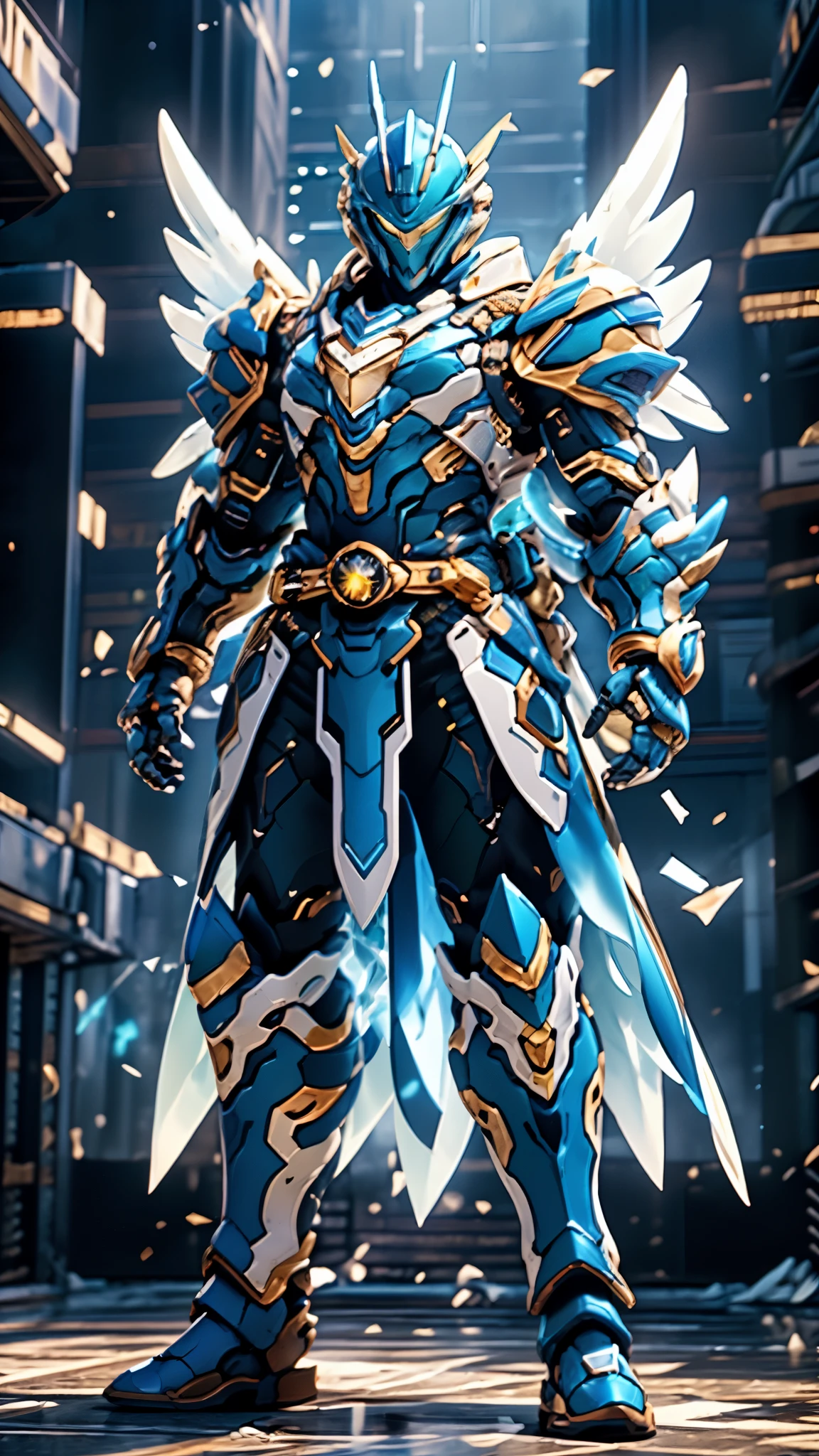 A man wearing a full-face helmet, a fantasy-style biotech armored combat suit, green eyes, (a composite layered chest armor), fully enclosed shoulder guards, matching arm and leg guards, the belt is adorned with dragon Halo, (the color scheme is primarily white with blue and blue accents), the design balances heavy with agility, a high-tech bio-mecha armor, (Armor Concept Inspired by Angel, the huge wings, stand on the top of a skyscraper in a futuristic sci-fi city), this character embodies a finely crafted fantasy-surreal style armored hero in anime style, exquisite and mature manga art style, (battle damage, element, plasma, energy, the armor glows), ((male:1.5)), metallic, real texture material, dramatic, high definition, best quality, highres, ultra-detailed, ultra-fine painting, extremely delicate, professional, perfect body proportions, golden ratio, anatomically correct, symmetrical face, extremely detailed eyes and face, high quality eyes, creativity, RAW photo, UHD, 32k, Natural light, cinematic lighting, masterpiece-anatomy-perfect, masterpiece:1.5