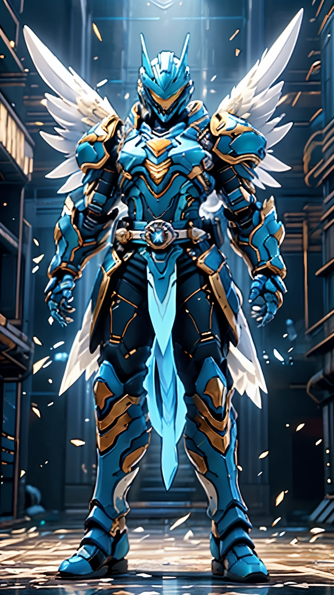 A man wearing a full-face helmet, a fantasy-style biotech armored combat suit, green eyes, (a composite layered chest armor), fully enclosed shoulder guards, matching arm and leg guards, the belt is adorned with dragon Halo, (the color scheme is primarily white with blue and blue accents), the design balances heavy with agility, a high-tech bio-mecha armor, (Armor Concept Inspired by Angel, the huge wings, stand on the top of a skyscraper in a futuristic sci-fi city), this character embodies a finely crafted fantasy-surreal style armored hero in anime style, exquisite and mature manga art style, (battle damage, element, plasma, energy, the armor glows), ((male:1.5)), metallic, real texture material, dramatic, high definition, best quality, highres, ultra-detailed, ultra-fine painting, extremely delicate, professional, perfect body proportions, golden ratio, anatomically correct, symmetrical face, extremely detailed eyes and face, high quality eyes, creativity, RAW photo, UHD, 32k, Natural light, cinematic lighting, masterpiece-anatomy-perfect, masterpiece:1.5