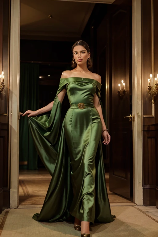 1957 7 feet tall, opulent and demure lady in a green silk Givenchy evening gown with full, flowing multi-layered skirt