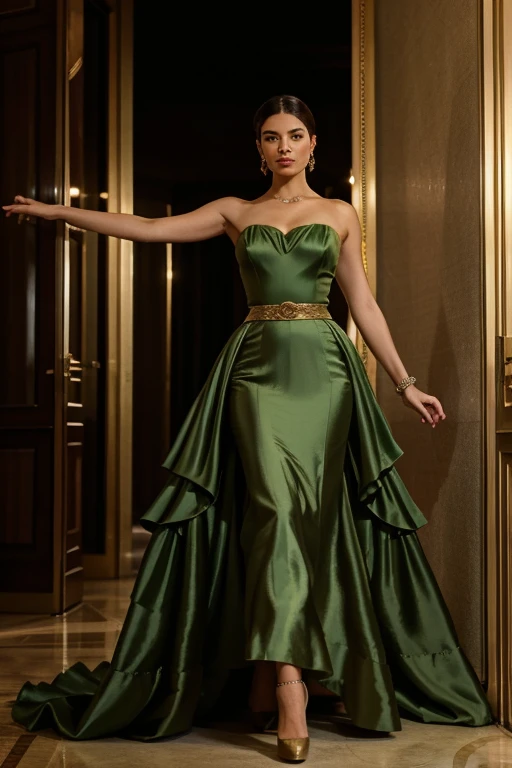 1957 7 feet tall, opulent and demure lady in a green silk Givenchy evening gown with full, flowing multi-layered skirt