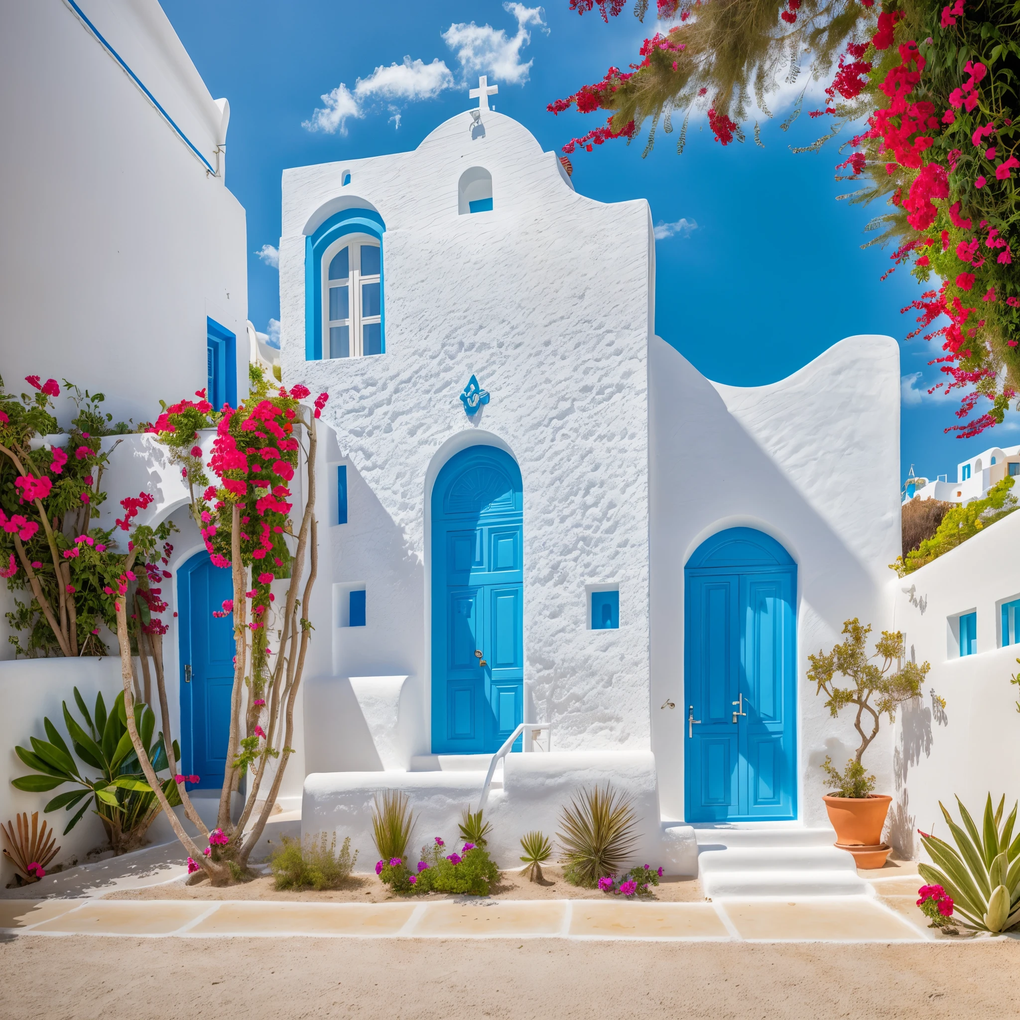 (1 santorini style house, The town house is made from white walls and some walls are painted bright blue)), beautyful light, beautyfulday, sunny, Many red bougainvilleas along the road:1.3, lovely youthful feeling :1.2, sunlight at 12 noon, Very beautiful shadows