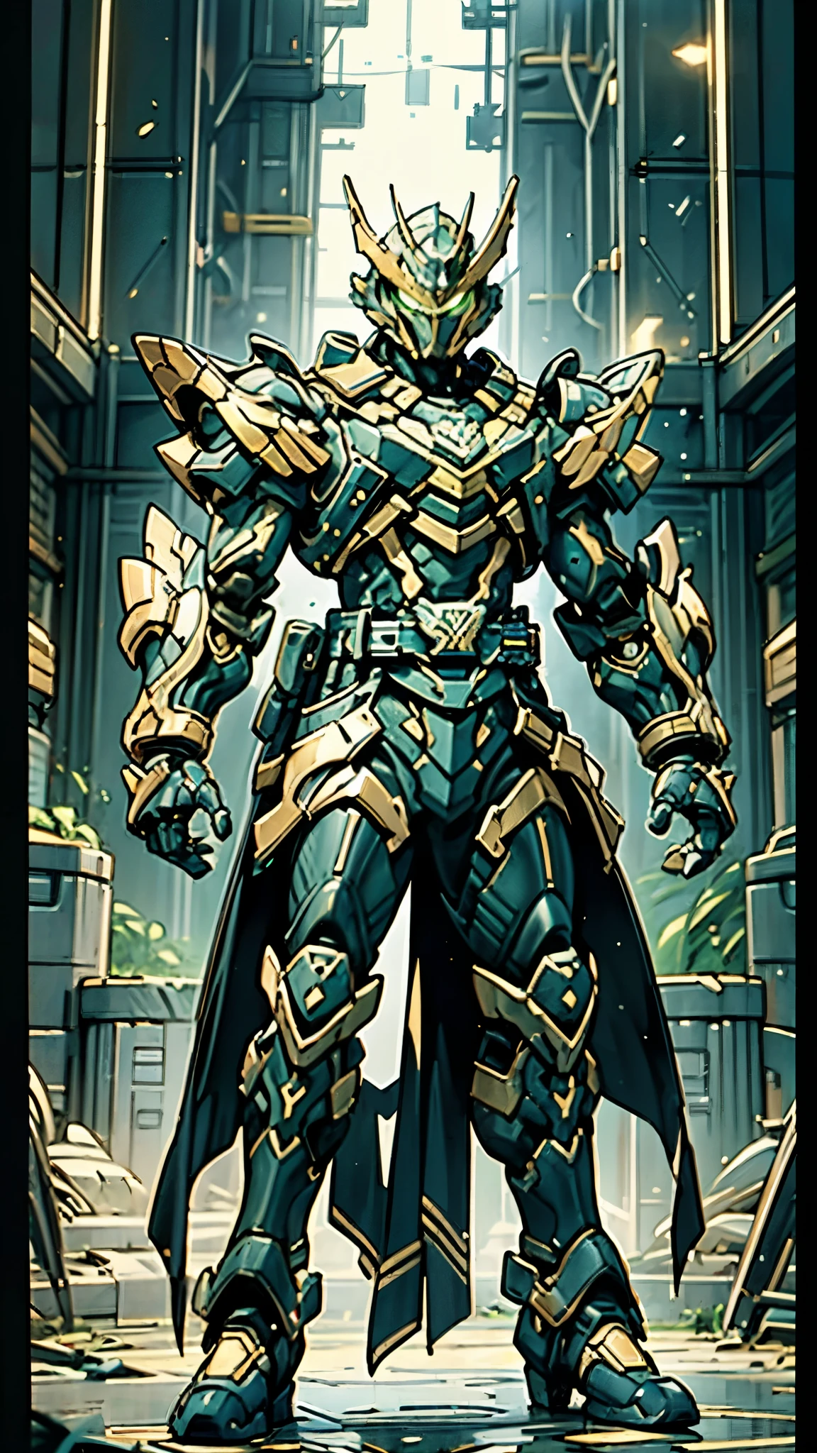 A man wearing a full-face helmet, a fantasy-style biotech armored combat suit, green eyes, (a composite layered chest armor), fully enclosed shoulder guards, matching arm and leg guards, the belt is adorned with dragon claw grasping orbs, (the color scheme is primarily green with blue and golden accents), the design balances heavy with agility, a high-tech bio-mecha armor, (Armor Concept Inspired by Dragon, stand on the top of a skyscraper in a futuristic sci-fi city), this character embodies a finely crafted fantasy-surreal style armored hero in anime style, exquisite and mature manga art style, (battle damage, element, plasma, energy, the armor glows), ((male:1.5)), metallic, real texture material, dramatic, high definition, best quality, highres, ultra-detailed, ultra-fine painting, extremely delicate, professional, perfect body proportions, golden ratio, anatomically correct, symmetrical face, extremely detailed eyes and face, high quality eyes, creativity, RAW photo, UHD, 32k, Natural light, cinematic lighting, masterpiece-anatomy-perfect, masterpiece:1.5