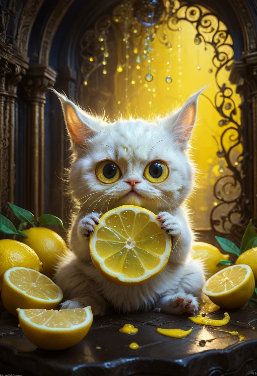 lemon eating challenge, intricately detailed cute adorable lemon creature eating sliced lemon fruit, large adorable eyes, low angle viewpoint, yellow background!!!, A breathtaking masterpiece fantasycore artwork by Kim Keever Antoine Collignon Wadim Kashin Tim Burton, realism; incredible composition; dynamic lighting; meticulously composed concept art, digital illustration, Reflections, cell-shaded, Volumetric lighting, Eldritch, sparkling, magic, maximalist highly detailed and intricate professional photography, 8k resolution concept art, Artstation, triadic colors, Unreal Engine 5, cgsociety, octane photograph