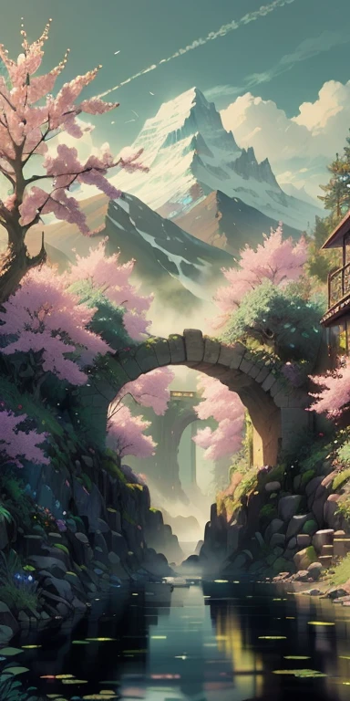 The exquisite beauty of nature:1.1, Realistic, professional, Vivid colors, Soft lighting, Landscapes, Detailed trees, Colorful flowers, flowing river, Majestic mountains, Gentle breeze, Clear blue sky, the sunlight filters through the leaves of the tree, vibrant hues, Natural tranquility, Lush greenery, Realistic textures