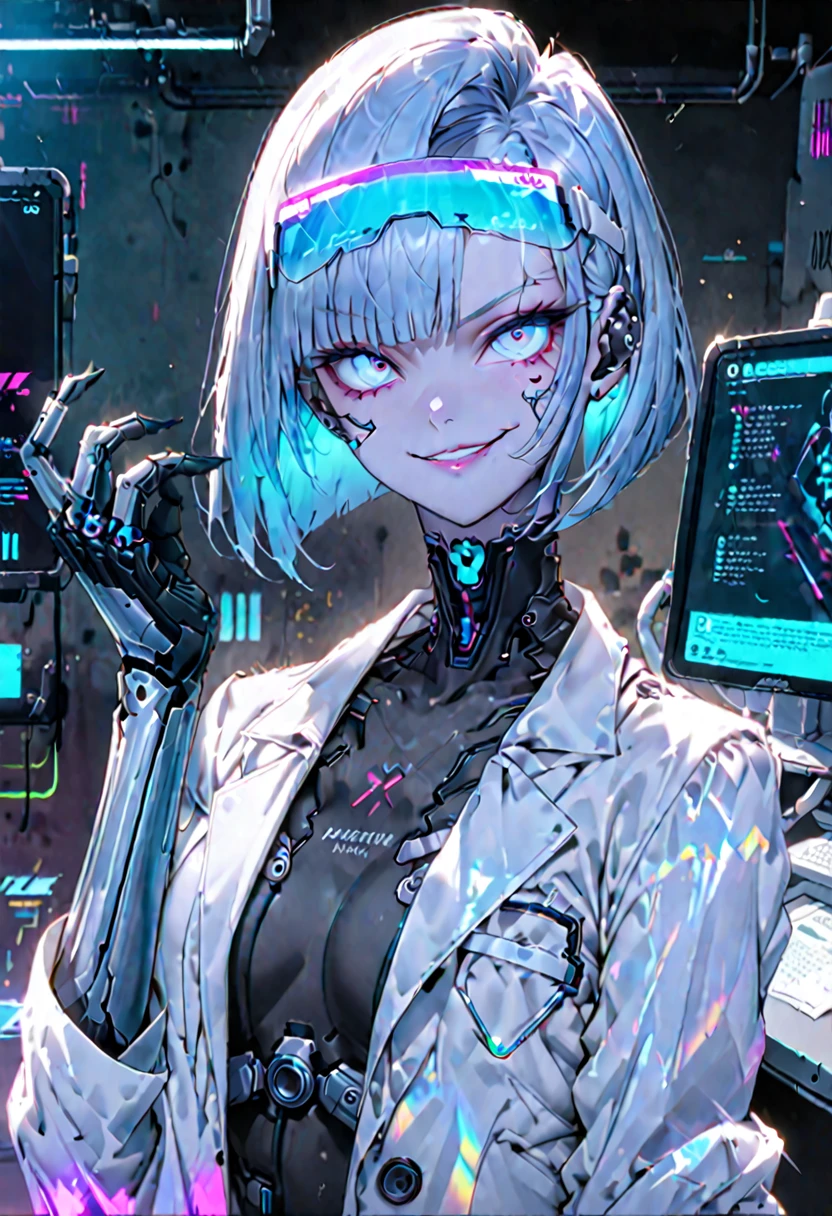 solo, femenino, SFW, medium shot, iridescent eyes, electric blue hair, straight hair, asymmetric bob cut, pale skin, brilliant skin, athletic, cyborg hands, doctor's office, cyberpunk, surgeon, smirk, cheeky, holographic visor, white lab coat,