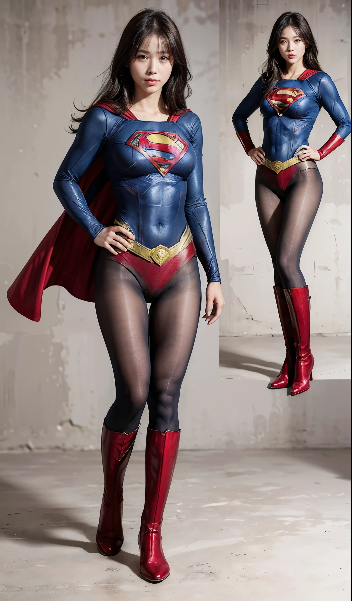 No background、(((Beautiful legs in black tights.)))、(((Legally express the beauty of your smile)))、((((Make the most of your original images)))、(((Supergirl Costume)))、(((Beautiful Hair)))、(((suffering)))、(((Please wear black tights....、Wear red boots)))、((Best image quality、8k))、((highest quality、8k、masterpiece:1.3))、(((Preserve background )))、Sharp focus:1.2、Beautiful woman with perfect figure:1.4、Slim Abs:1.2、Wet body:1.5、Highly detailed face and skin texture、8k