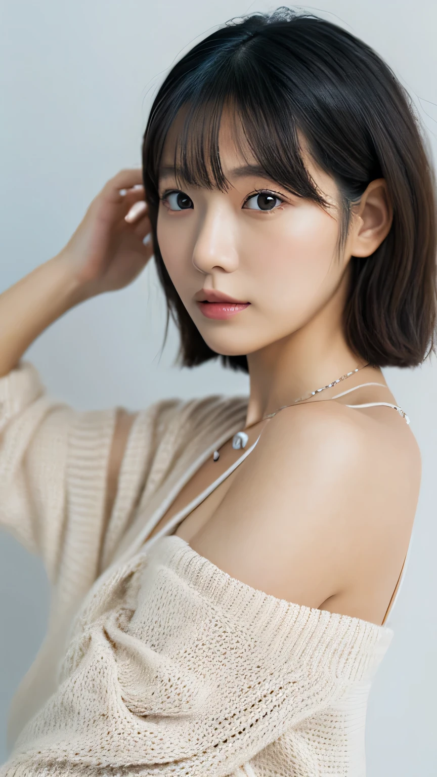 ((maSutepiece,highest quality)), (photographrealiStic:1.4),(((maSutepiece,8k)),White wall,(White Room),((Full body photo))),Shot in natural light,highly detailed face and Skin texture,highly detailed lipS,correct State of the human body,Superhigh reSolution,(Photorealistic:1.4),highest quality, 1. Beautiful Women, 28 yearS old, S, 60mm lenS, Lightweight knit material,(short hair),JapaneSe woman,(Black Hair),VerSatile poSeS,Looking into the camera,Natural lip color, necklace