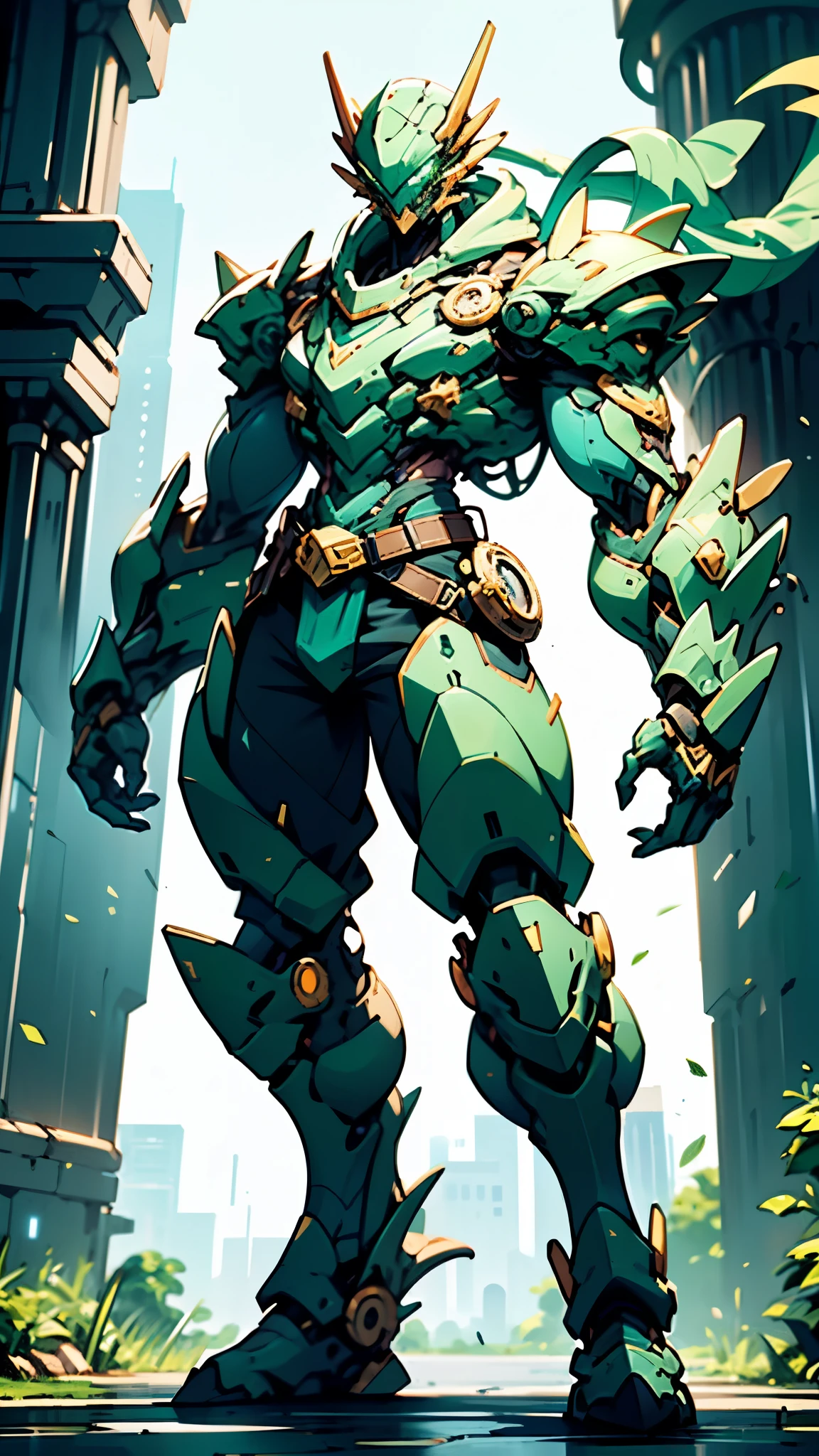A man wearing a full-face helmet, a fantasy-style biotech armored combat suit, green eyes, (a composite layered chest armor), fully enclosed shoulder guards, matching arm and leg guards, the belt is adorned with dragon claw grasping orbs, (the color scheme is primarily green with blue and golden accents), the design balances heavy with agility, a high-tech bio-mecha armor, (Armor Concept Inspired by Dragon, stand on the top of a skyscraper in a futuristic sci-fi city), this character embodies a finely crafted fantasy-surreal style armored hero in anime style, exquisite and mature manga art style, (battle damage, element, plasma, energy, the armor glows), ((male:1.5)), metallic, real texture material, dramatic, high definition, best quality, highres, ultra-detailed, ultra-fine painting, extremely delicate, professional, perfect body proportions, golden ratio, anatomically correct, symmetrical face, extremely detailed eyes and face, high quality eyes, creativity, RAW photo, UHD, 32k, Natural light, cinematic lighting, masterpiece-anatomy-perfect, masterpiece:1.5