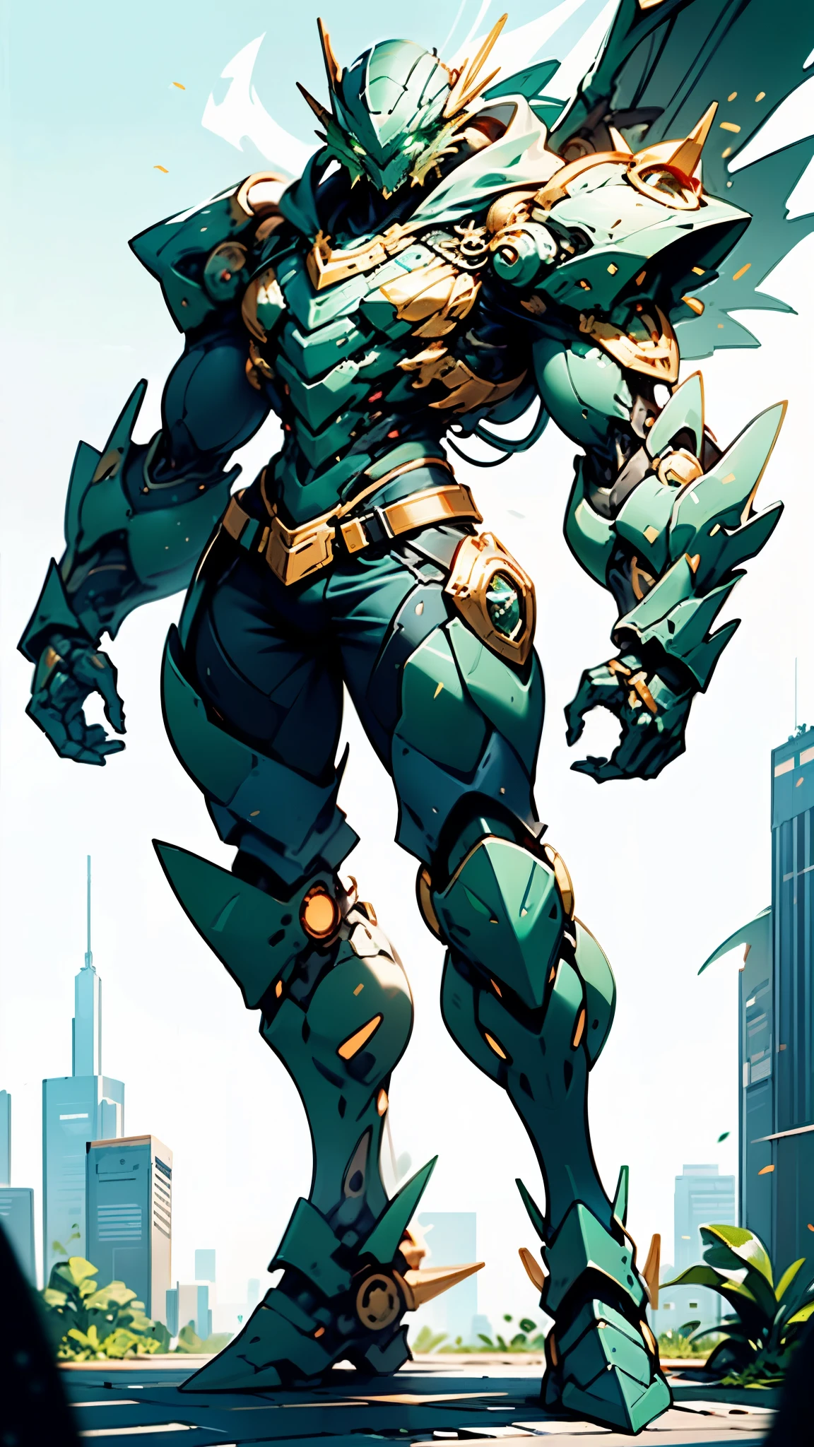 A man wearing a full-face helmet, a fantasy-style biotech armored combat suit, green eyes, (a composite layered chest armor), fully enclosed shoulder guards, matching arm and leg guards, the belt is adorned with dragon claw grasping orbs, (the color scheme is primarily green with blue and golden accents), the design balances heavy with agility, a high-tech bio-mecha armor, (Armor Concept Inspired by Dragon, stand on the top of a skyscraper in a futuristic sci-fi city), this character embodies a finely crafted fantasy-surreal style armored hero in anime style, exquisite and mature manga art style, (battle damage, element, plasma, energy, the armor glows), ((male:1.5)), metallic, real texture material, dramatic, high definition, best quality, highres, ultra-detailed, ultra-fine painting, extremely delicate, professional, perfect body proportions, golden ratio, anatomically correct, symmetrical face, extremely detailed eyes and face, high quality eyes, creativity, RAW photo, UHD, 32k, Natural light, cinematic lighting, masterpiece-anatomy-perfect, masterpiece:1.5