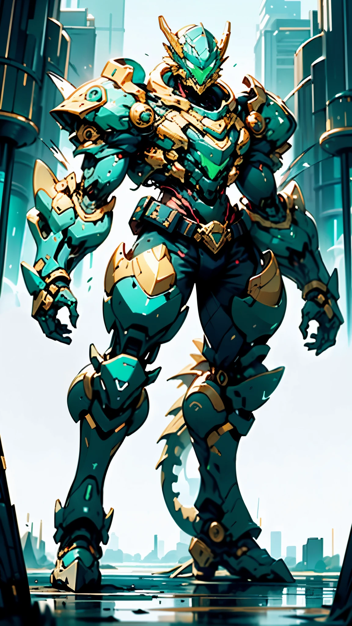 A man wearing a full-face helmet, a fantasy-style biotech armored combat suit, green eyes, (a composite layered chest armor), fully enclosed shoulder guards, matching arm and leg guards, the belt is adorned with dragon claw grasping orbs, (the color scheme is primarily green with blue and golden accents), the design balances heavy with agility, a high-tech bio-mecha armor, (Armor Concept Inspired by Dragon, stand on the top of a skyscraper in a futuristic sci-fi city), this character embodies a finely crafted fantasy-surreal style armored hero in anime style, exquisite and mature manga art style, (battle damage, element, plasma, energy, the armor glows), ((male:1.5)), metallic, real texture material, dramatic, high definition, best quality, highres, ultra-detailed, ultra-fine painting, extremely delicate, professional, perfect body proportions, golden ratio, anatomically correct, symmetrical face, extremely detailed eyes and face, high quality eyes, creativity, RAW photo, UHD, 32k, Natural light, cinematic lighting, masterpiece-anatomy-perfect, masterpiece:1.5