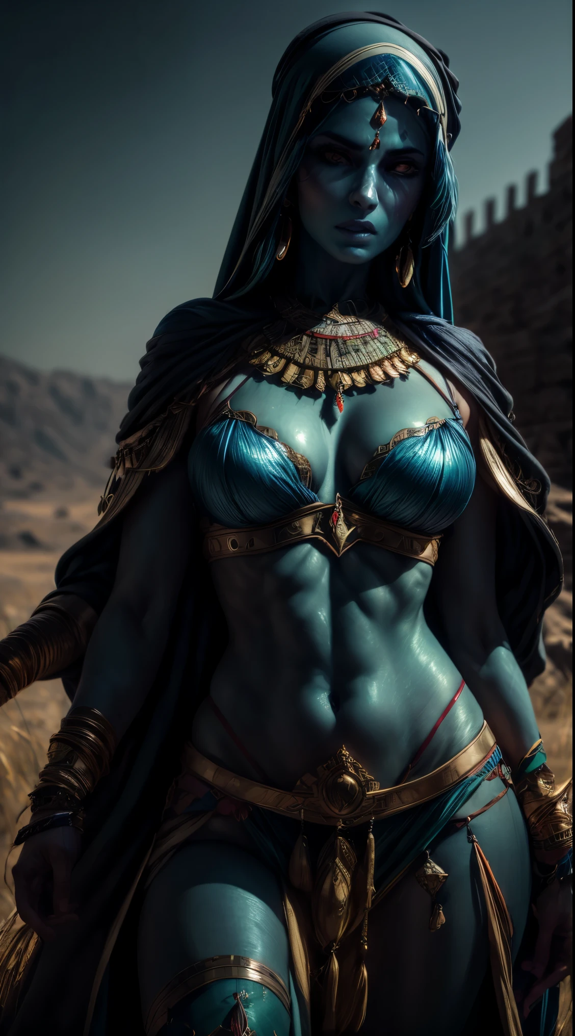 arab woman, blue skin, she has four arms, arabic swords on each hand, indian woman, arabian rogue battle white clothes, arabic swords, field background, (best quality,4k,8k,highres,masterpiece:1.2),ultra-detailed,(realistic,photorealistic,photo-realistic:1.37),HDR,UHD,studio lighting,ultra-fine painting,sharp focus,physically-based rendering,extreme detail description,professional,