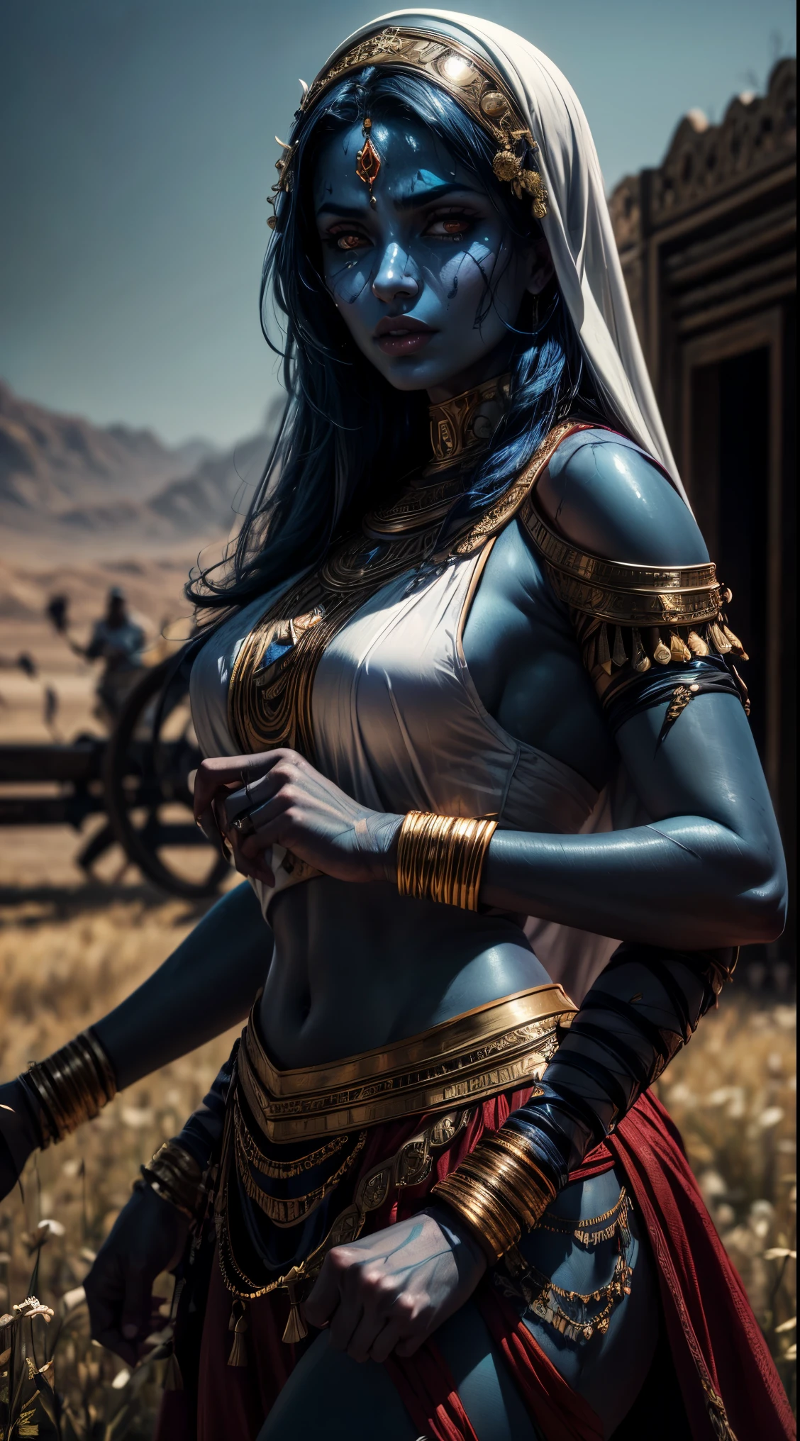 arab woman, blue skin, she has four arms, arabic swords on each hand, indian woman, arabian rogue battle white clothes, arabic swords, field background  (best quality,4k,8k,highres,masterpiece:1.2), HDR,UHD,studio lighting,ultra-fine painting,sharp focus,physically-based rendering,extreme detail description,professional, 