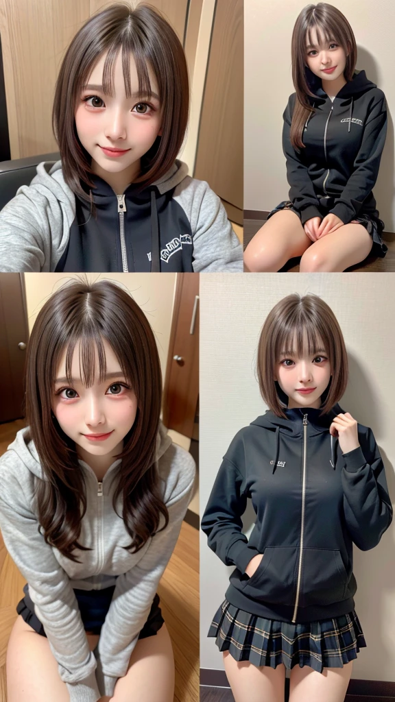 1 beautiful young girl, Super beautiful detailed face, shyly smile, Symmetrical black eyes), hime cut hair, (Fine face:1.2), High quality, Realistic, extremely detailed CG unified 8k wallpaper, Highly detailed, High-definition raw color photos, Professional Photography, Realistic portrait, Cinematic Light, Beautiful detailed, Super Detail, high details, depth of fields, FULL BODYSHOT、Random sexy poseedium Hair、semi long hair、thighs thighs thighs thighs、beauty legs、Bare legs、 Super beautiful detailed face, shyly smile, medium breasts, Deep cleavage), (oversized full zip hoodie:1.3), (Grey tartan check pleated skirt), (skirt lift by myself), (flip up the skirt), (lace panties, show panties:1.3), (Skirt blowing in the wind:1.3),