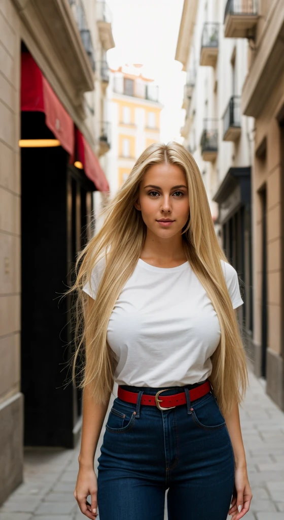 A 23 year old blonde woman, ((big breasts)), ((hyperrealism)) ,. Blonde hair with light brown roots. blonde hair, Hair with brown roots, extra long hair, very long hair, very long hair, very long hair, very long hair, very long hair, very long hair, beautiful, front view, take a photo, Photo taken, full body, in wearing a red t-shirt, and jeans with a stylish belt, with a low-cut top, photo at the street of Madrid, high quality,  Nikon D850 film stock photograph Kodak Portra 400 camera f1.6 lens, full body, sexy body, sexy body.