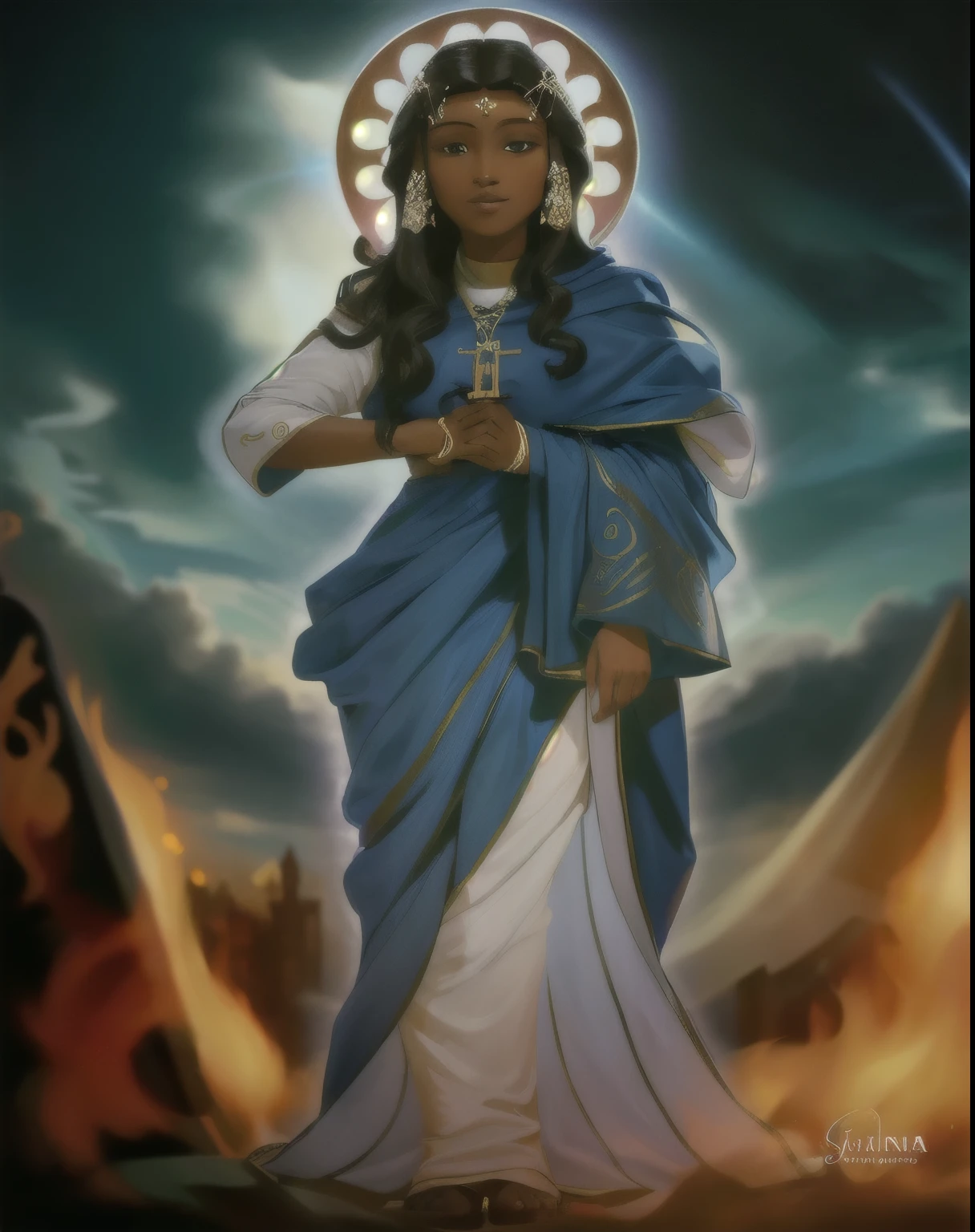 a drawing of a dark-skinned holy woman wearing a blue dress, hands spread wide , deusa feminina cigana de pele escura do amor, deusa indiana, elfic sacerdotisa, sacerdotisa, the high sacerdotisa, high sacerdotisa, mayan sacerdotisa, deusa indiana of wealth, inspired by Léon Bakst, high sacerdotisa tarot card, wearing Jedi robes and a sari