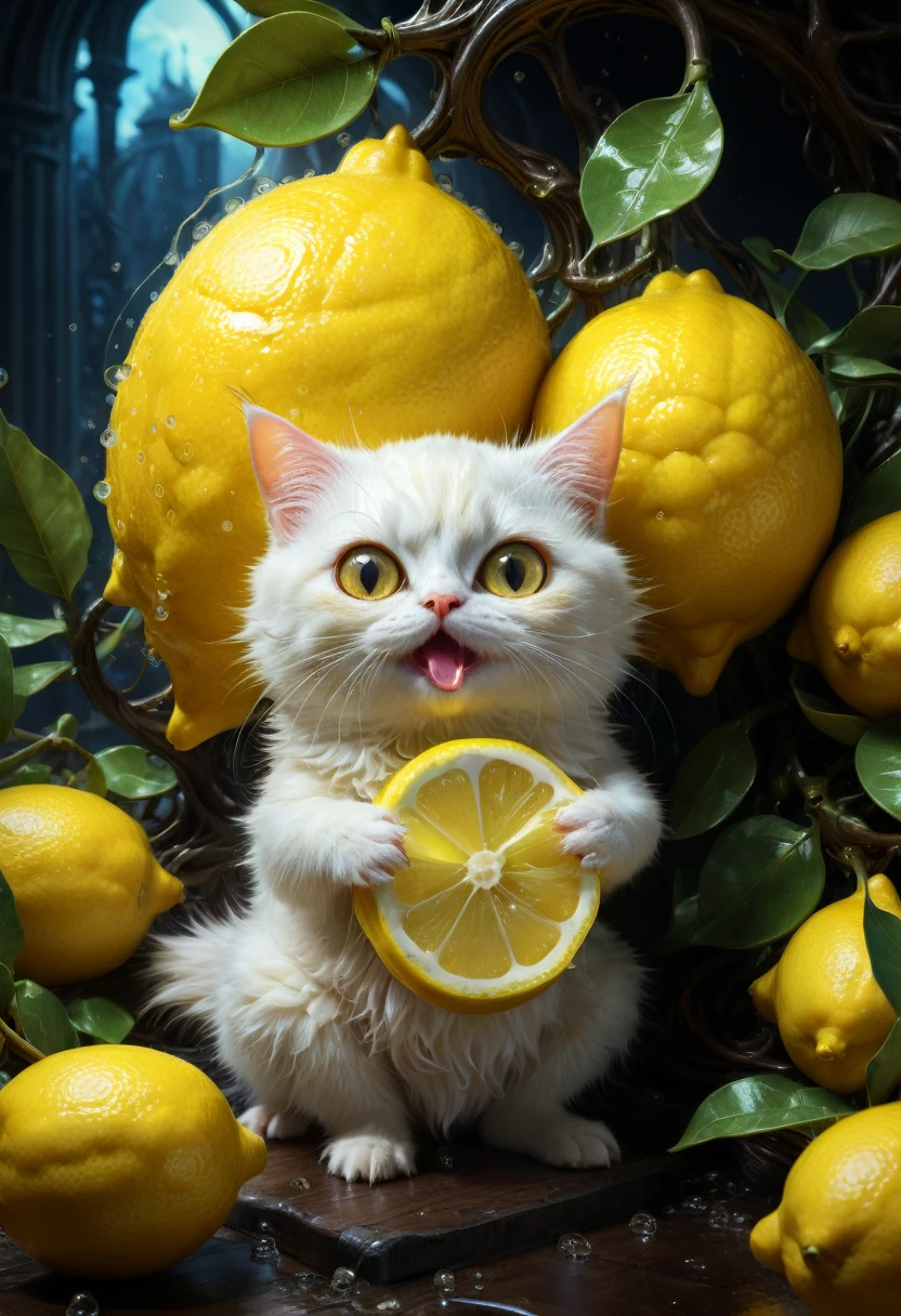 lemon eating challenge, intricately detailed cute adorable lemon creature eating sliced lemon fruit, large adorable eyes, low angle viewpoint, yellow background!!!, A breathtaking masterpiece fantasycore artwork by Kim Keever Antoine Collignon Wadim Kashin Tim Burton, realism; incredible composition; dynamic lighting; meticulously composed concept art, digital illustration, Reflections, cell-shaded, Volumetric lighting, Eldritch, sparkling, magic, maximalist highly detailed and intricate professional photography, 8k resolution concept art, Artstation, triadic colors, Unreal Engine 5, cgsociety, octane photograph