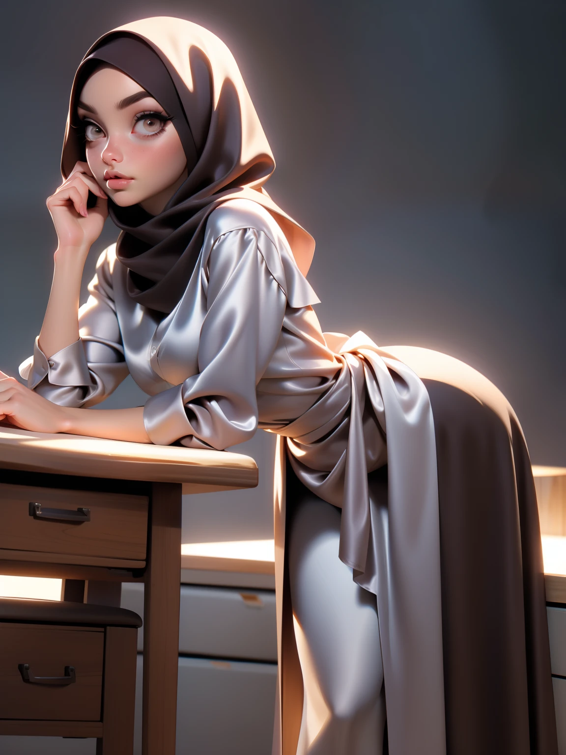 3DMM, ((Masterpiece, best quality, photography)), detailed skin, realistic, photo-realistic, 8k, highly detailed, full length frame, High detail RAW color art, diffused soft lighting, shallow depth of field, sharp focus, hyperrealism, cinematic lighting, hijab, a woman beautifully makeup, bold eyeshadow, beautiful big eyes, Brown eyes, long eye lashes, chubby, wearing ((brown satin hijab), loosely tide hijab style, ((gray satin shirt)), ((satin long dress)), (((bent over))), (((bent at the waist))), hands on office desk, side view