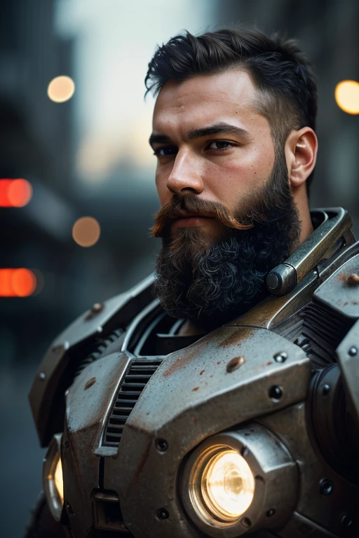 Portrait photo of muscular bearded guy in a worn mech suit, ((light bokeh)), intricate, (steel metal [rust]), elegant, sharp focus, photo by greg rutkowski, soft lighting, vibrant colors, masterpiece, ((streets)), detailed face