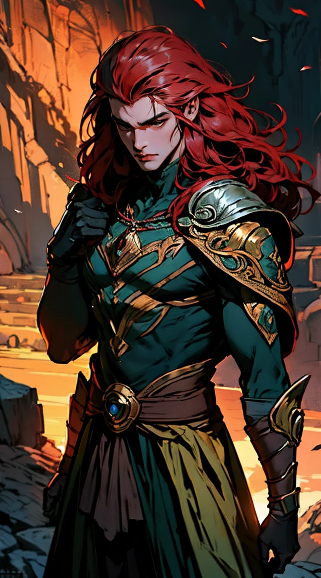 Obra de arte, melhor qualidade, 1 homem, adulto, foco masculino, sozinho, red hair, cabelo longo, olhos verdes vibrantes, Armadura Preta, pele escura, boca fechada, Fantasy aesthetic, altamente detalhado, estilo shadowverso, armadura do cavaleiro elfo, orelha de elfo, Sem decote. andando, Escrita, Deitado, standing, Nas suas costas, brigando, dynamic poses. Prepare-se para mergulhar em um mundo onde a beleza e o artesanato se fundem perfeitamente