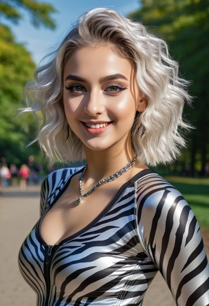 hyperrealistic beautiful busty 18-year-old  girl with long legs wearing shiny metallic zebra-striped spandex sports outfit, model shooting full body photography, dyed white hair with curly bob, dark eye makeup with eyeliner, seductive smile, small necklace, 8K, Best quality, Meisterwerk, ultra high resolution, (Realismus: 1.4), Originalfoto, (realistische Hautstruktur: 1.3), (Filmkorn: 1.3), (Selfie-Winkel), 1 girl, Beautiful round hazel eyes and facial details, Meisterwerk, Best quality, running in new york central park