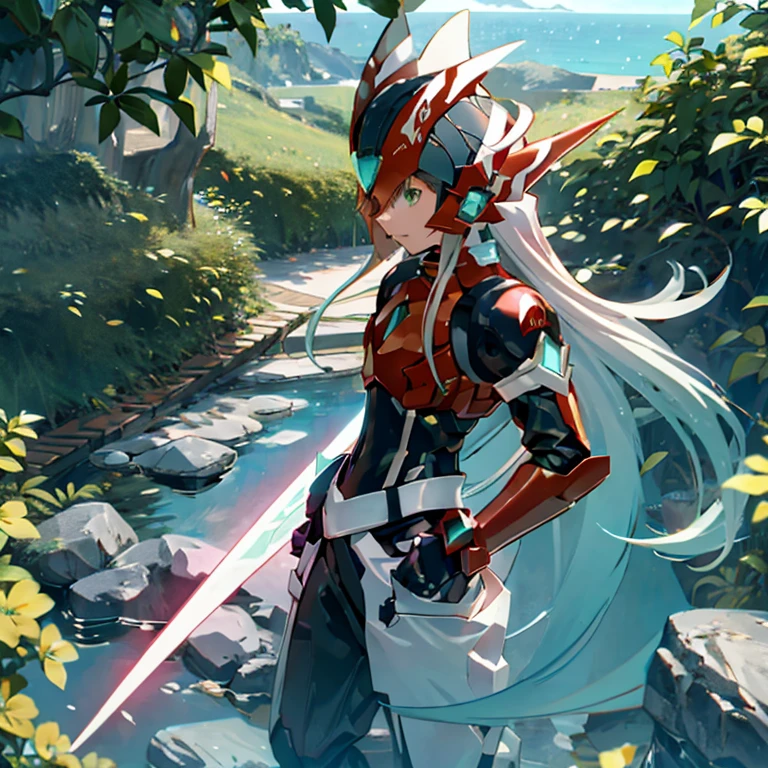 megzeromyth2023, 1boy, long white hair, red armor, green energy sword, 8k, uhd, high quality, masterpiece, overlooking the ocean on the edge of a rock, in the style of avian-themed, realistic yet stylized, villagecore, azure, orange and azure, dragoncore, aerial view
