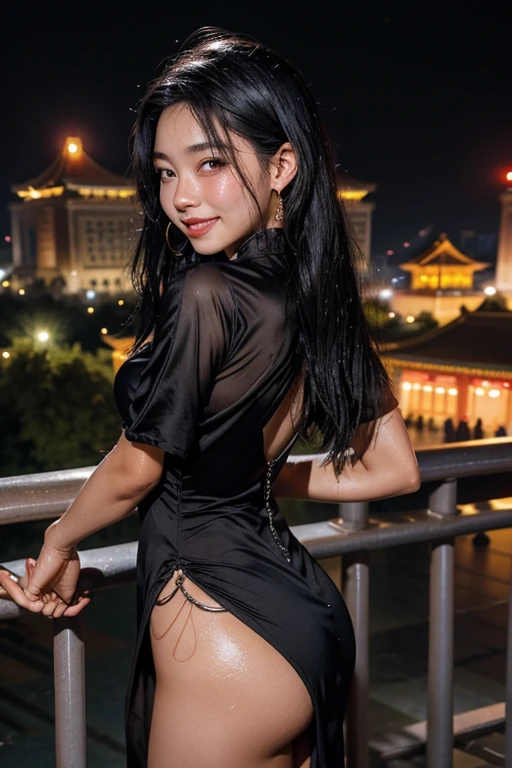 woman,20-year-old,,city,night,(((China dress))),,open mouth smile(),(()),((black hair)),blush、,((())),((turn around and look back))(wet with sweat)Reflecting the buttocks