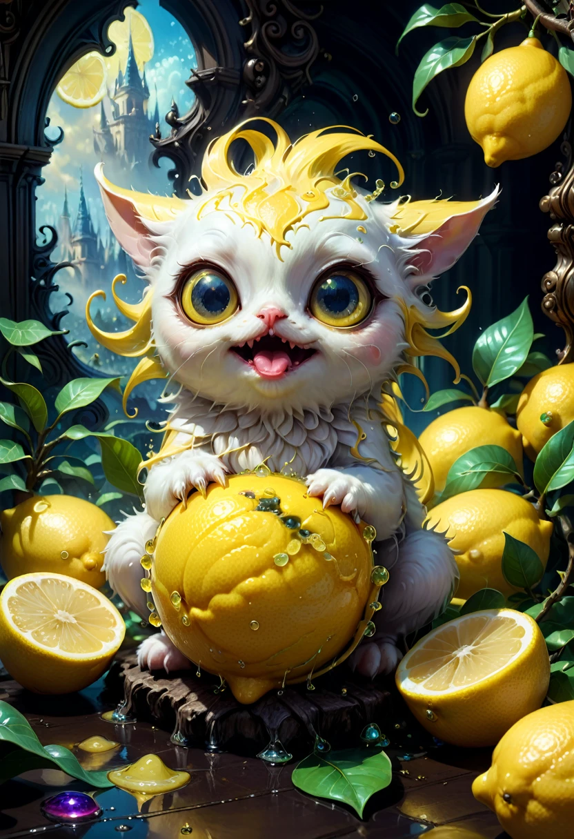 lemon eating challenge, intricately detailed cute adorable lemon creature eating sliced lemon fruit, large adorable eyes, low angle viewpoint, yellow background!!!, A breathtaking masterpiece fantasycore artwork by Kim Keever Antoine Collignon Wadim Kashin Tim Burton, realism; incredible composition; dynamic lighting; meticulously composed concept art, digital illustration, Reflections, cell-shaded, Volumetric lighting, Eldritch, sparkling, magic, maximalist highly detailed and intricate professional photography, 8k resolution concept art, Artstation, triadic colors, Unreal Engine 5, cgsociety, octane photograph