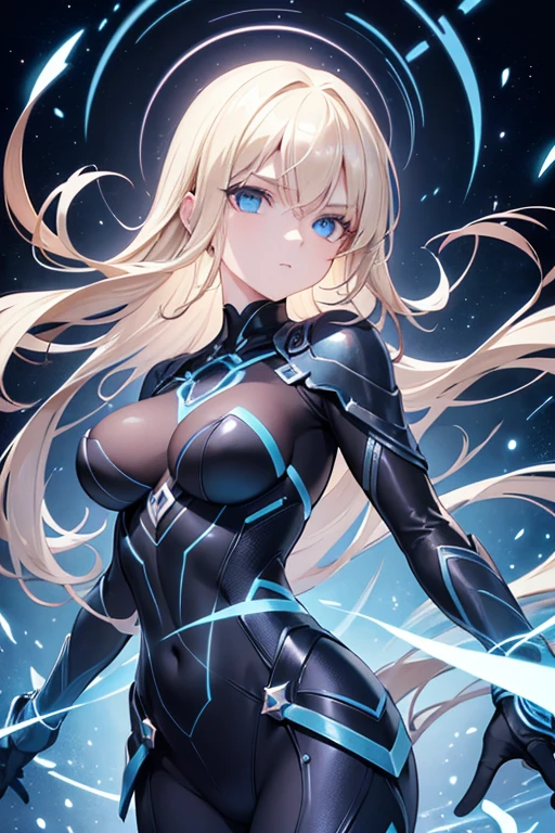 A beautiful blonde-haired, blue-eyed 16-year-old female assassin with cosmic powers, intricate detailed face and eyes, long lashes, flawless skin, mysterious expression, sleek black bodysuit, cosmic energy swirling around, dark shadowy background, cinematic lighting, highly detailed, photorealistic, digital art, masterpiece