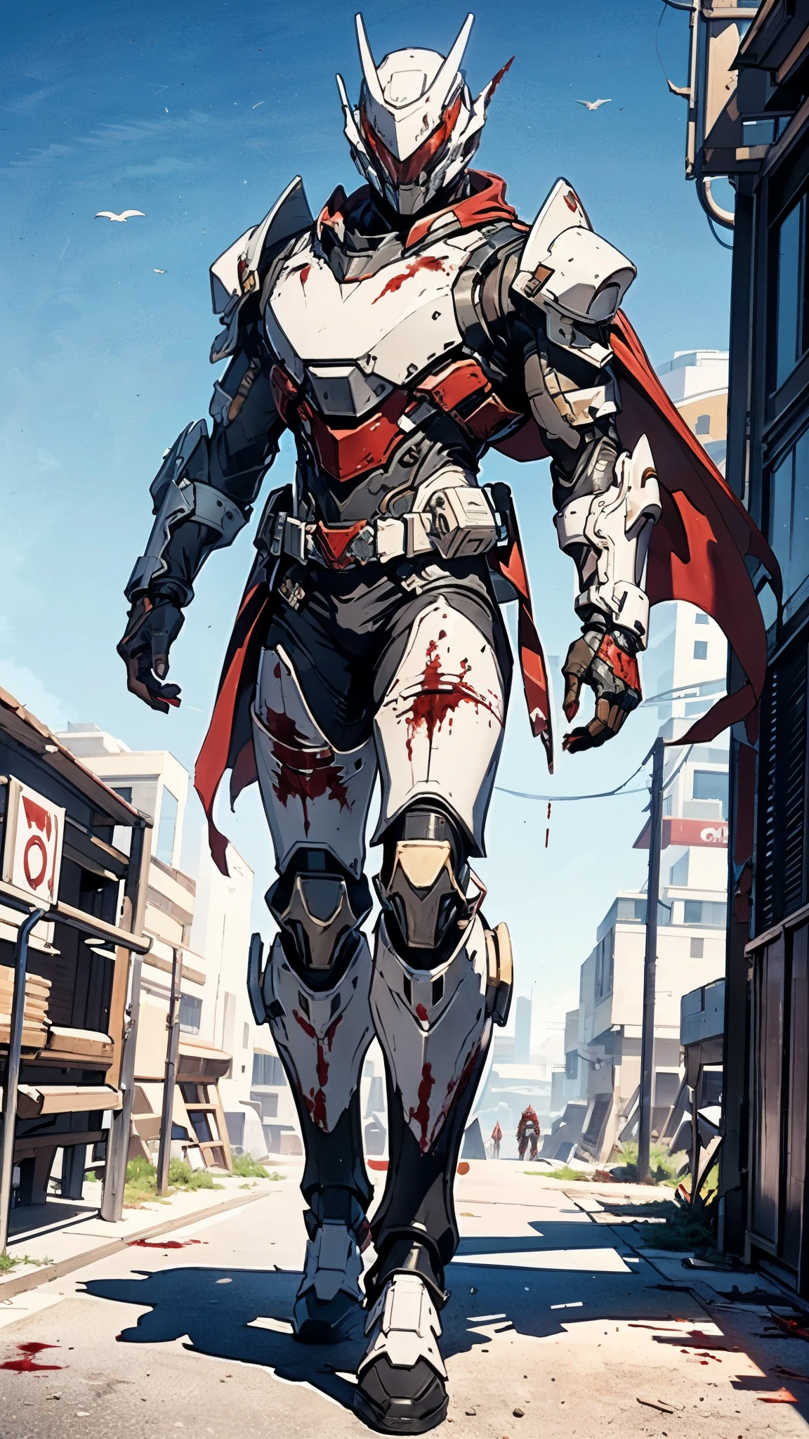 A man wearing a full-face helmet, a fantasy-style biotech armored combat suit, green eyes, (a composite layered chest armor), fully enclosed shoulder guards, matching arm and leg guards, the belt is adorned with fangs biting into gemstone, (the color scheme is primarily red with white and yellow accents), the design balances heavy with agility, a high-tech bio-mecha armor, (Armor Concept Inspired by Vampire, the huge cape fluttering in the wind, stand on the top of a skyscraper in a futuristic sci-fi city), this character embodies a finely crafted fantasy-surreal style armored hero in anime style, exquisite and mature manga art style, (battle damage, element, blood, plasma, energy, the armor glows), ((male:1.5)), metallic, real texture material, dramatic, high definition, best quality, highres, ultra-detailed, ultra-fine painting, extremely delicate, professional, perfect body proportions, golden ratio, anatomically correct, symmetrical face, extremely detailed eyes and face, high quality eyes, creativity, RAW photo, UHD, 32k, Natural light, cinematic lighting, masterpiece-anatomy-perfect, masterpiece:1.5