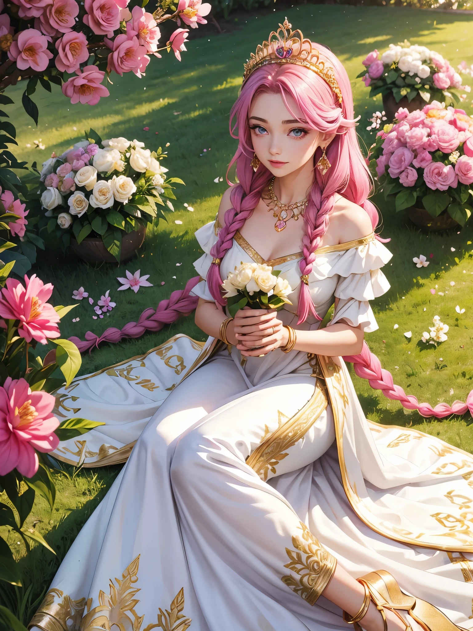 1 girl, goddess, soft smile, fuchsia eyes, narrowed eyes, fuchsia hair, long hair, two braids, gold tiara, gold earrings, gold necklace, gold accessories, white dress, greek style dress, field of flowers