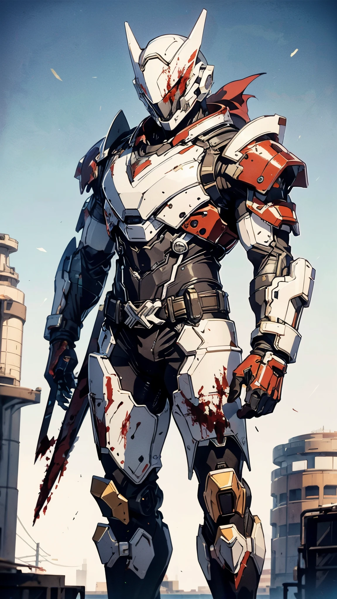 A man wearing a full-face helmet, a fantasy-style biotech armored combat suit, green eyes, (a composite layered chest armor), fully enclosed shoulder guards, matching arm and leg guards, the belt is adorned with fangs biting into gemstone, (the color scheme is primarily red with white and yellow accents), the design balances heavy with agility, a high-tech bio-mecha armor, (Armor Concept Inspired by Vampire, the huge cape fluttering in the wind, stand on the top of a skyscraper in a futuristic sci-fi city), this character embodies a finely crafted fantasy-surreal style armored hero in anime style, exquisite and mature manga art style, (battle damage, element, blood, plasma, energy, the armor glows), ((male:1.5)), metallic, real texture material, dramatic, high definition, best quality, highres, ultra-detailed, ultra-fine painting, extremely delicate, professional, perfect body proportions, golden ratio, anatomically correct, symmetrical face, extremely detailed eyes and face, high quality eyes, creativity, RAW photo, UHD, 32k, Natural light, cinematic lighting, masterpiece-anatomy-perfect, masterpiece:1.5