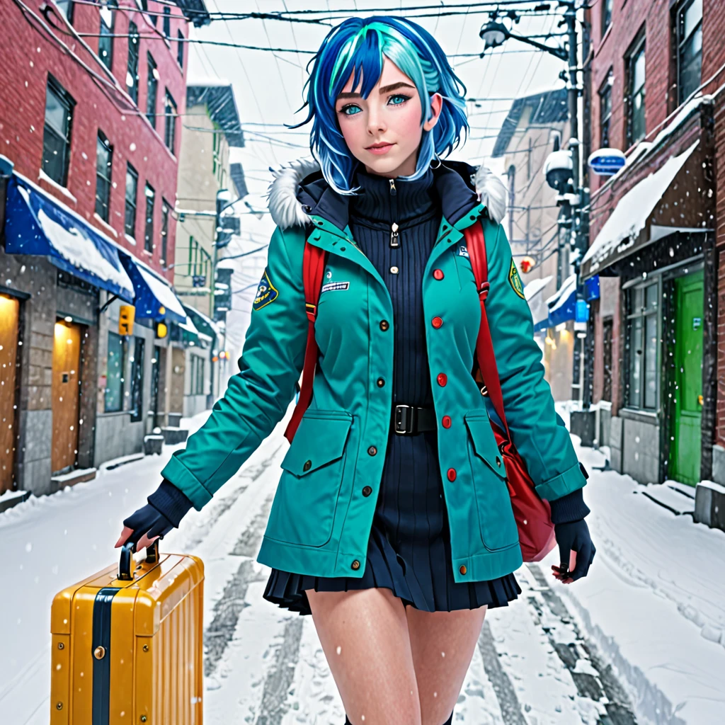 best quality,ultra high res,1girl,solo,full body,snow,city,, blue hair,green eyes,jk, postwoman
