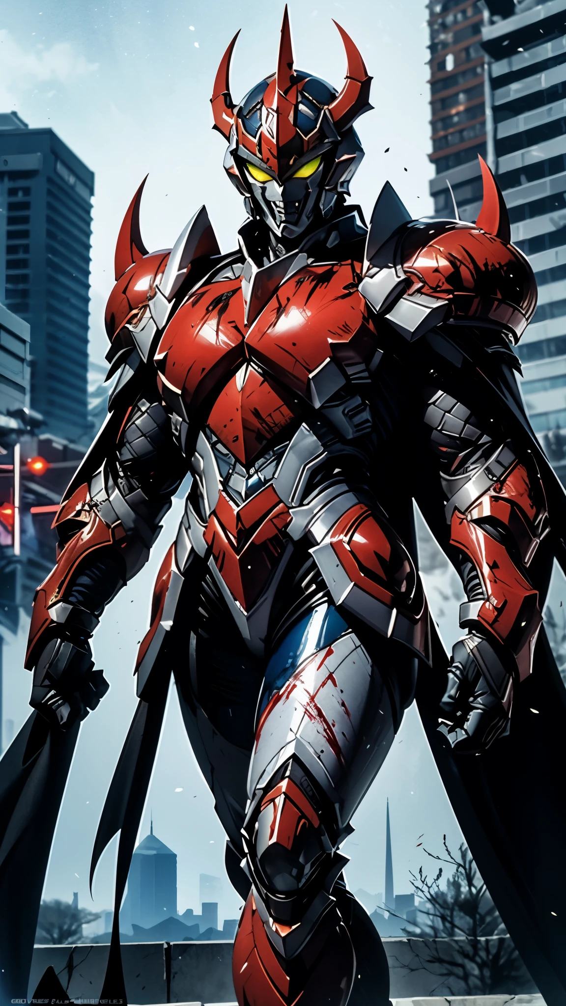 A man wearing a full-face helmet, a fantasy-style biotech armored combat suit, green eyes, (a composite layered chest armor), fully enclosed shoulder guards, matching arm and leg guards, the belt is adorned with fangs biting into gemstone, (the color scheme is primarily red with white and yellow accents), the design balances heavy with agility, a high-tech bio-mecha armor, (Armor Concept Inspired by Vampire, the huge cape fluttering in the wind, stand on the top of a skyscraper in a futuristic sci-fi city), this character embodies a finely crafted fantasy-surreal style armored hero in anime style, exquisite and mature manga art style, (battle damage, element, blood, plasma, energy, the armor glows), ((male:1.5)), metallic, real texture material, dramatic, high definition, best quality, highres, ultra-detailed, ultra-fine painting, extremely delicate, professional, perfect body proportions, golden ratio, anatomically correct, symmetrical face, extremely detailed eyes and face, high quality eyes, creativity, RAW photo, UHD, 32k, Natural light, cinematic lighting, masterpiece-anatomy-perfect, masterpiece:1.5