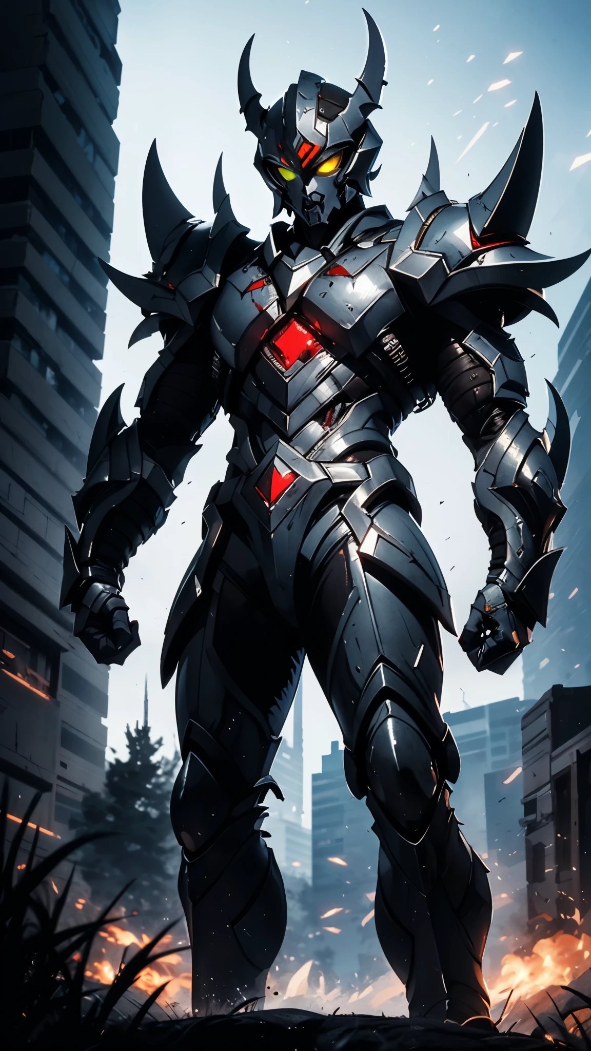 A man wearing a full-face helmet, a fantasy-style biotech armored combat suit, green eyes, (a composite layered chest armor), fully enclosed shoulder guards, matching arm and leg guards, the belt is adorned with fangs biting into gemstone, (the color scheme is primarily red with white and yellow accents), the design balances heavy with agility, a high-tech bio-mecha armor, (Armor Concept Inspired by Vampire, the huge cape fluttering in the wind, stand on the top of a skyscraper in a futuristic sci-fi city), this character embodies a finely crafted fantasy-surreal style armored hero in anime style, exquisite and mature manga art style, (battle damage, element, blood, plasma, energy, the armor glows), ((male:1.5)), metallic, real texture material, dramatic, high definition, best quality, highres, ultra-detailed, ultra-fine painting, extremely delicate, professional, perfect body proportions, golden ratio, anatomically correct, symmetrical face, extremely detailed eyes and face, high quality eyes, creativity, RAW photo, UHD, 32k, Natural light, cinematic lighting, masterpiece-anatomy-perfect, masterpiece:1.5