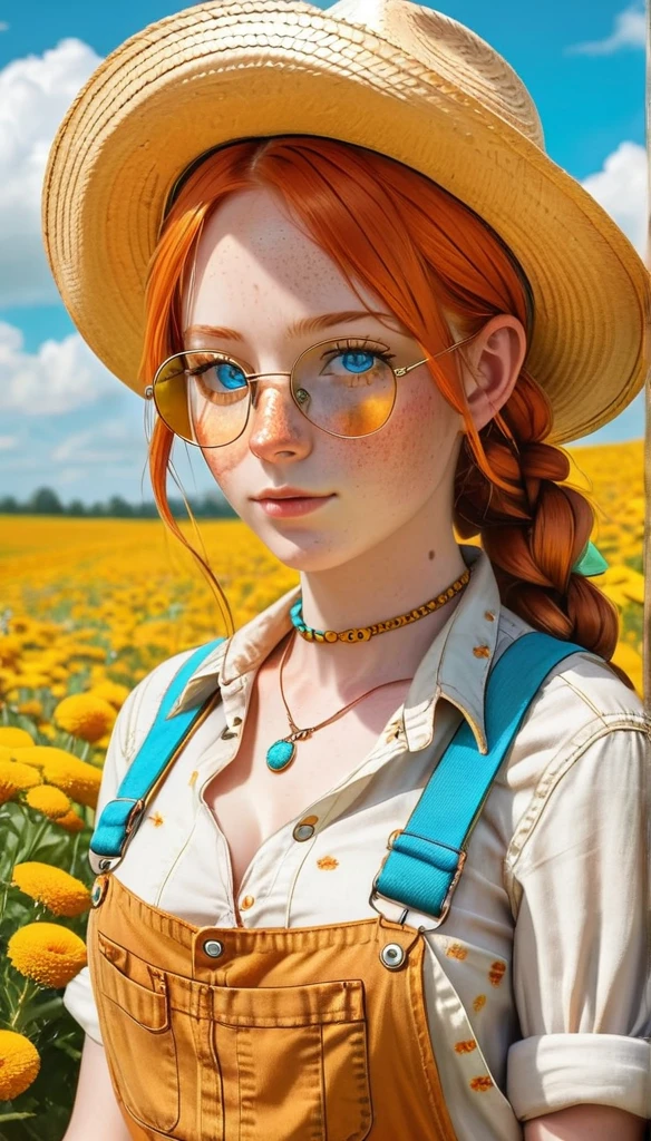 character tension, cool, solo, human, waist up, farm girl, female, solo, blue eyes, cleavage, straw hat, long twin braids, orange hair, bronze round glasses, small thin silver necklace with a turquoise stone, overalls, suspenders, (yellow frilly shirt), ((freckled skin, lots of freckles on breasts)), large breasts, ((small scars on body, acne scarred skin)) ,sitting on garden flowers,cloud,(((masterpiece,best quality))),((good structure,Good composition,good anatomy)), ((clear, original,beautiful)), candid, cellphone picture