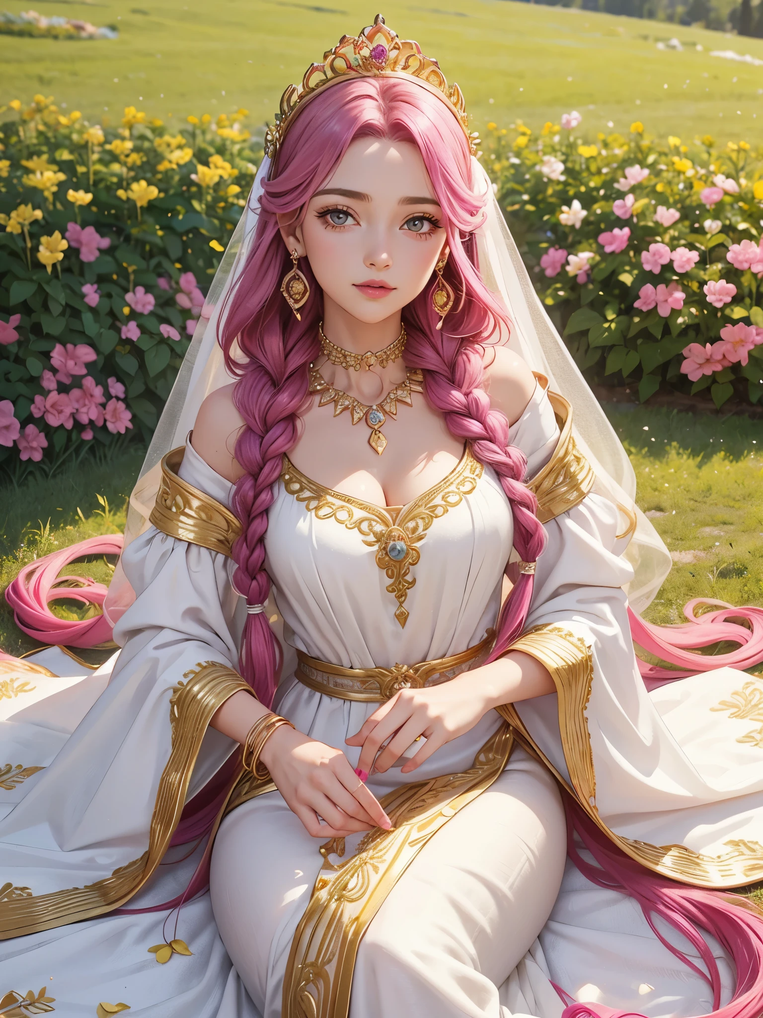 1 girl, goddess, soft smile, fuchsia eyes, narrowed eyes, fuchsia hair, long hair, two braids, gold tiara, gold earrings, gold necklace, gold accessories, white dress, greek style dress, field of flowers
