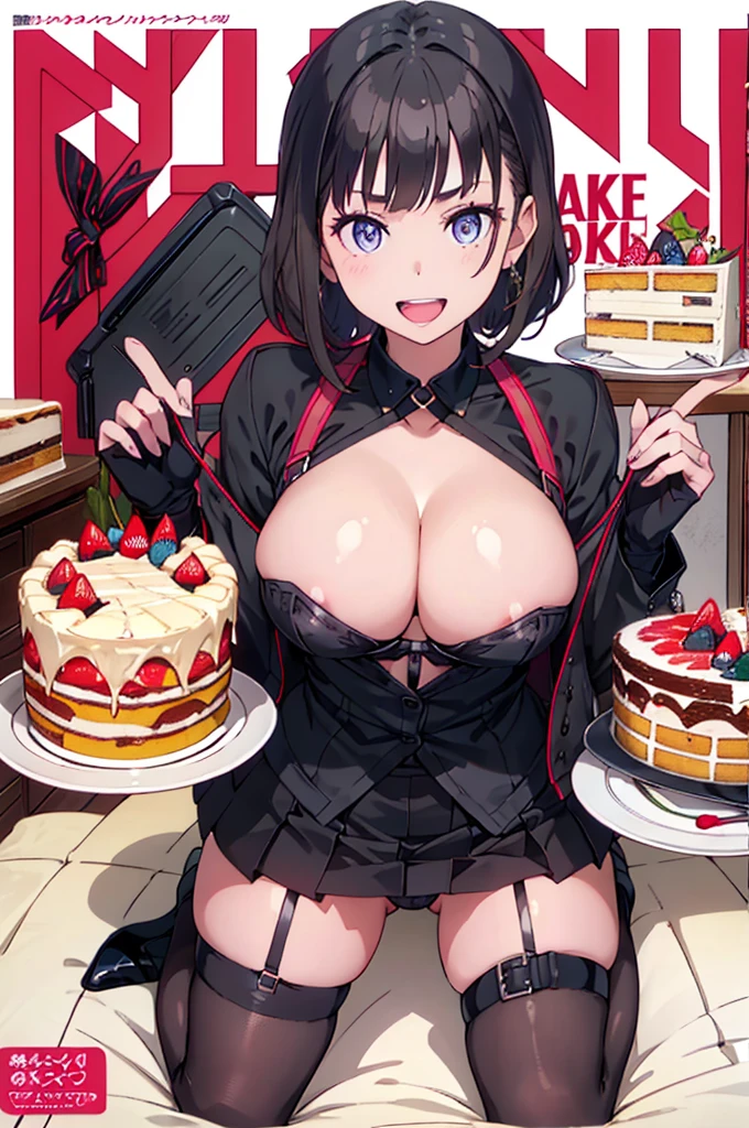 1 girl, small nose, very beautiful detailed face and eyes, bright colors, cute face, delicate beautiful face, Bright magenta eyes, cute eyes, sparkling eyes, Big eyes, (big breasts:1.3), (perky chest:1.1), (pointed chest:1.0), (cake magazine cover:1.3)，highest quality, WorKs of masters, High resolution,BlacK color hair，shiny hair, side ponytail,hair between eyes,bangs, (black jacket, real clothes, cleavage, black skirts, black thighhighs, thigh strap, fingerless gloves, single glove:1.2) , spread legs, panties shot, medium hips, glamorous body, white skin, smile, thin pubric hair, super beautiful face, Super beautiful eyes, Super beautiful hair，trendy outfit，sexy and attractive,full body esbian, Real World, Natural light,perfect Natural light,(with sparkling eyes and a contagious smile), This masterpiece is not only visually stunning but also tells, make of cake cooking , in the kitchen, open mouth, looking at viewer,
