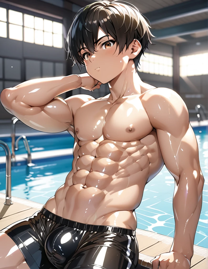 high quality, detailed, bulky japanese boy, detailed brown eyes, (abs:1.5), (shiny skin:1.5), black short hair, (black tiny thong), (puffy bulge), pool