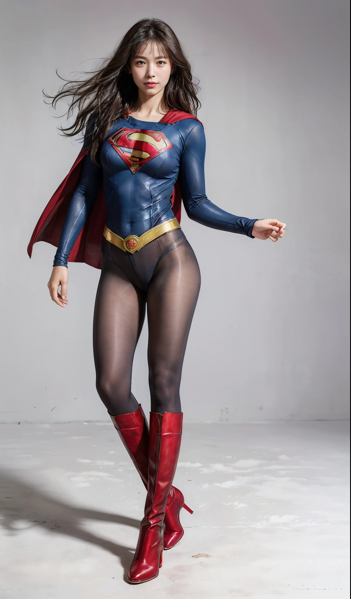 No background、(((Beautiful legs in black tights.)))、(((Legally express the beauty of your smile)))、((((Make the most of your original images)))、(((Supergirl Costume)))、(((Beautiful Hair)))、(((suffering)))、(((Please wear black tights....、Wear red boots)))、((Best image quality、8k))、((highest quality、8k、masterpiece:1.3))、(((Preserve background )))、Sharp focus:1.2、Beautiful woman with perfect figure:1.4、Slim Abs:1.2、Wet body:1.5、Highly detailed face and skin texture、8k