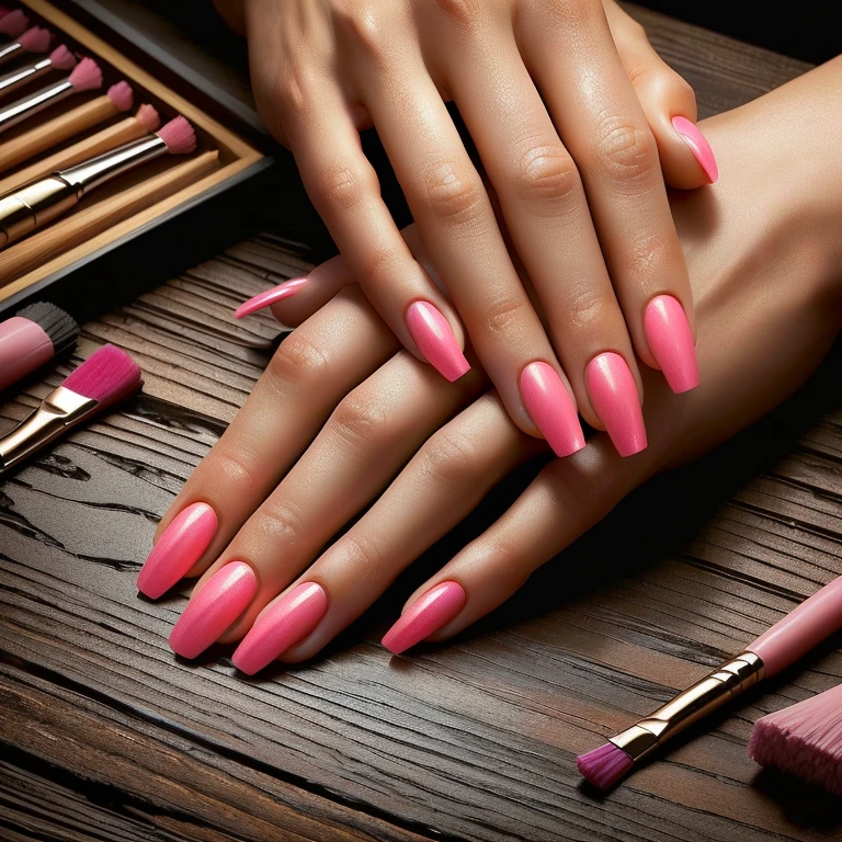 there is a manicured hand with pink nails and a brush, long nails, painted nails, long fingernails, nail polish, glossy finish, advertising photo, sharp fingernails, manicured, neat nails, glossy design, nail art, in style of ultra realistic, glossy surface, photo realistic style, nails, hands retouched, perfect hands, hyper realistic style