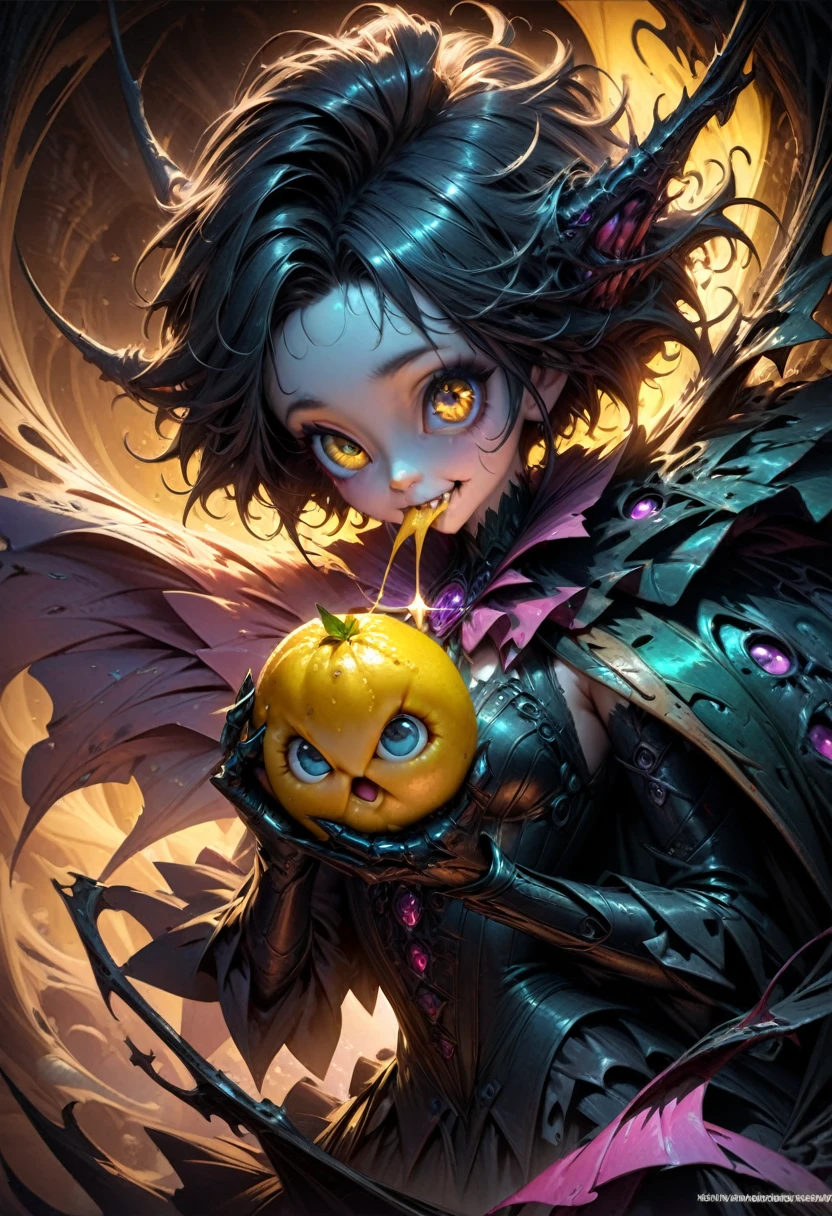 lemon eating challenge, intricately detailed cute adorable lemon creature eating sliced lemon fruit, large adorable eyes, low angle viewpoint, yellow background!!!, A breathtaking masterpiece fantasycore artwork by Kim Keever Antoine Collignon Wadim Kashin Tim Burton, realism; incredible composition; dynamic lighting; meticulously composed concept art, digital illustration, Reflections, cell-shaded, Volumetric lighting, Eldritch, sparkling, magic, maximalist highly detailed and intricate professional photography, 8k resolution concept art, Artstation, triadic colors, Unreal Engine 5, cgsociety, octane photograph